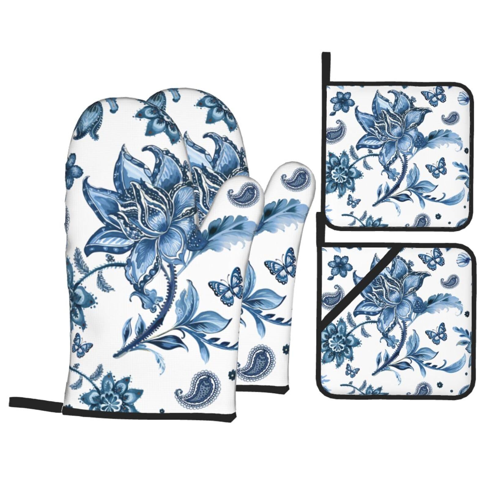 Blue Floral Oven Mitts and Pot Holders Sets - White Farmhouse Kitchen Mitts Potholders 4 Pack Heat Resistant Vintage Botanical Oven Gloves Hot Pads for Kitchen Baking Grilling Party