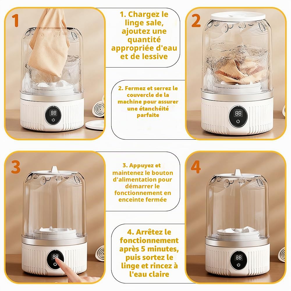 Machine a Laver Portable 1L, Mini Machine a Laver Sans Fil, Rechargeable, Mini Lave Linge pour Sous-Vêtements et Petits Vêtements, Convient pour la Maison, Les Appartements, Les Dortoirs