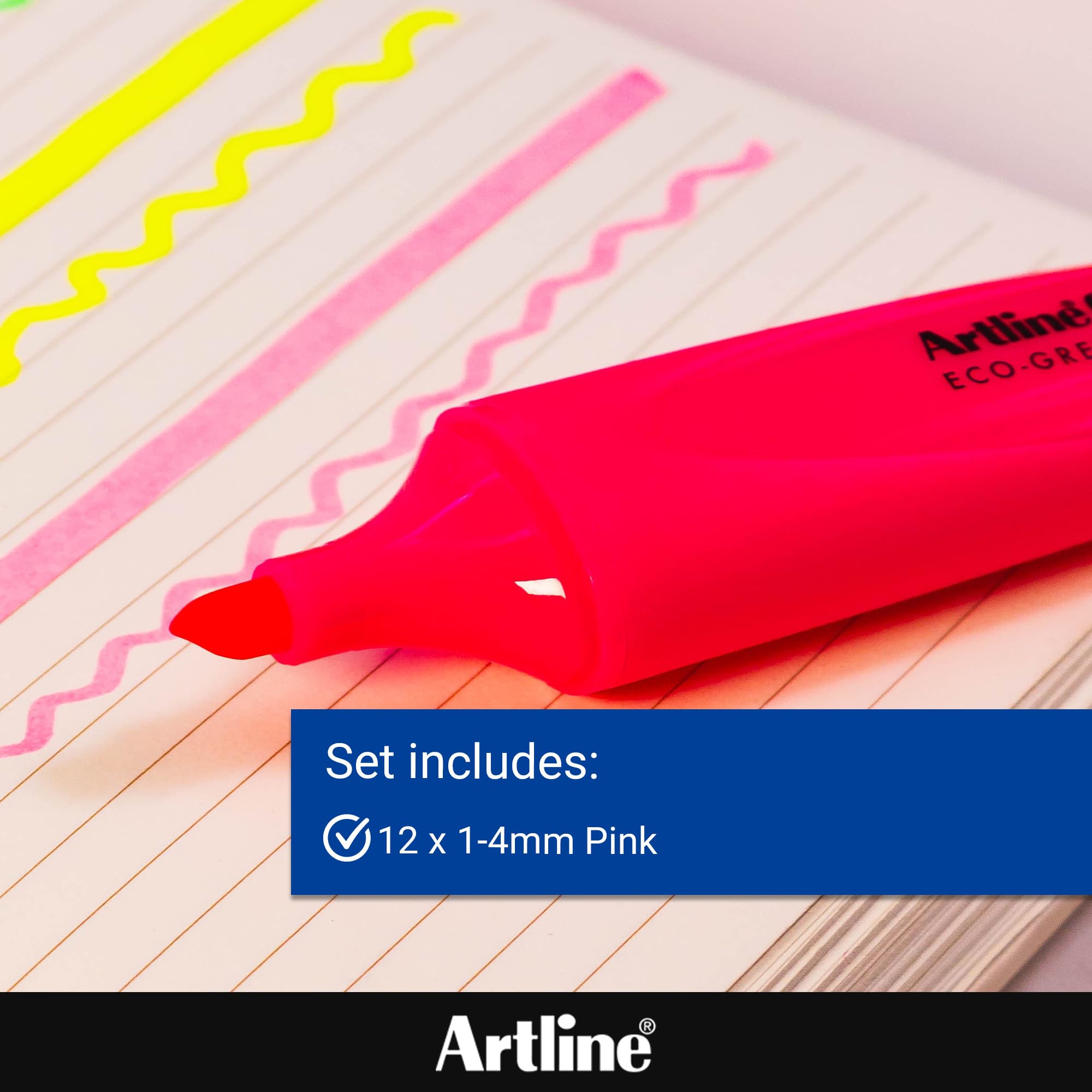 Artline Eco Pink Highlighters (Pack of 12) 1-4mm Nib for Home, School & Office Use, Bright Water-Based Non-Fade Highlighter Pens, Non-Toxic - Genuine Highlighters Pens - Image 3