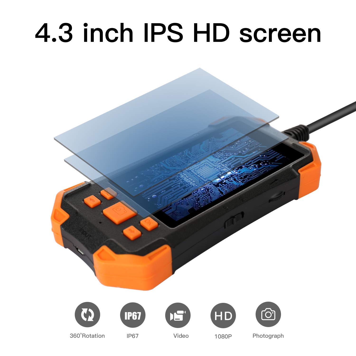 Endoscopio Industriale con Schermo, Telecamera di ispezione Impermeabile con Schermo IPS da 4,3 Pollici, Periscopio HD 1080P, Cavo Semirigido Telecamera Snake Impermeabile IP67 con Obiettivo LED 8Mm-2