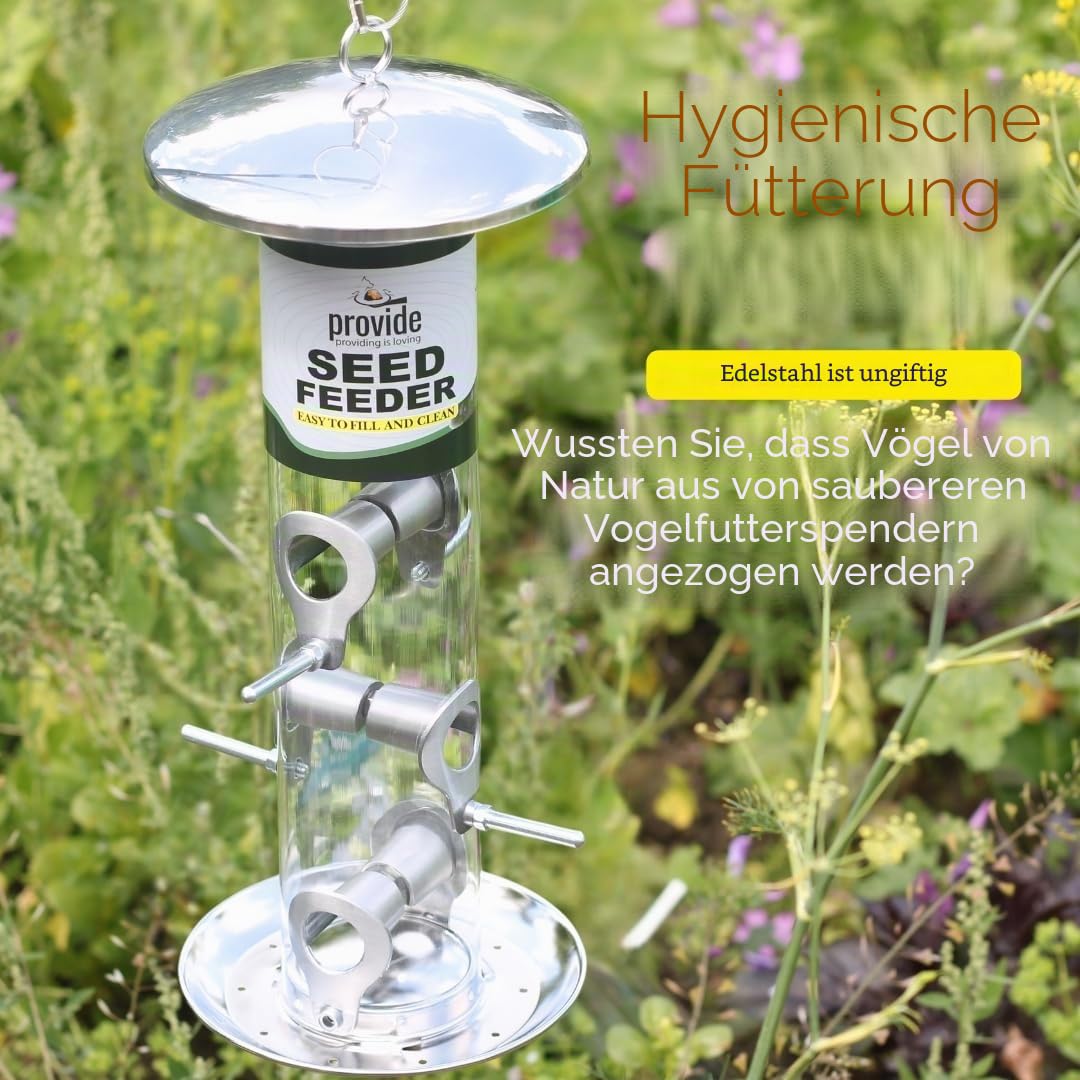 PROVIDE Große Edelstahl Vogelfutterstation mit Tablett Garten Vogelfutterspender Vogelfutterspender für kleine Vögel Metall Wildvogel Futterspender Hängende Vogelfutterstation für Samen