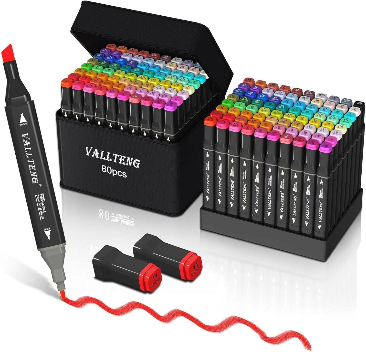 Vallteng Alcohol Markers Set 80 Colours,Dual Tips Colouring Pens for Adults,Permanent Art Markers Set for Drawing, Sketching, Anime, Manga with Carrying Case and Base