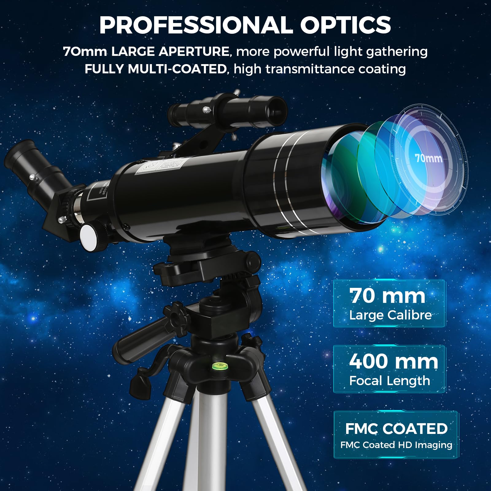 Télescope 70/400mm, Oculaires Kellner de 6 mm et 25 mm Télescope Astronomique pour Débutant et Enfant avec Trépied en Aluminium Réglable en Hauteur, pour Observer la Lune et Les Planètes
