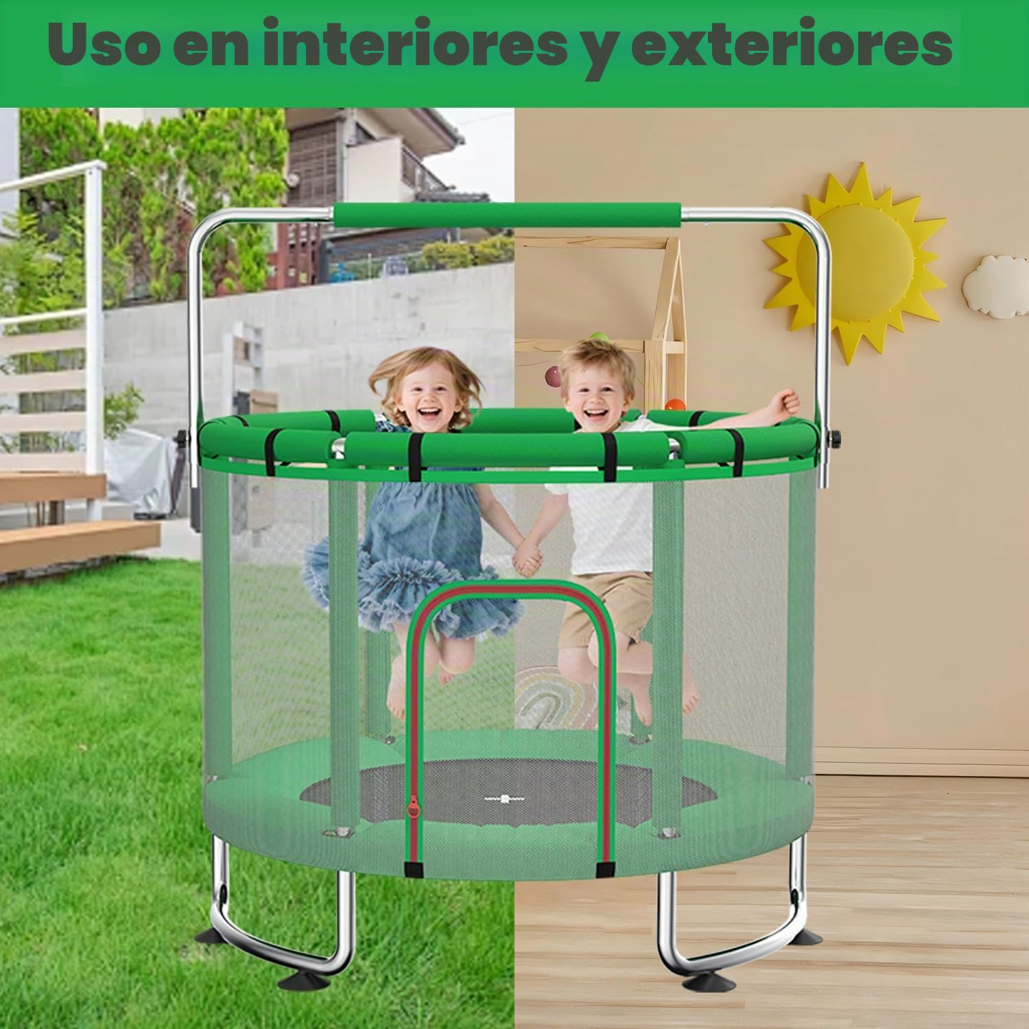 Cama elástica infantil de 140 cm con red, barra y canasta de baloncesto, para niños de 3 a 8 años