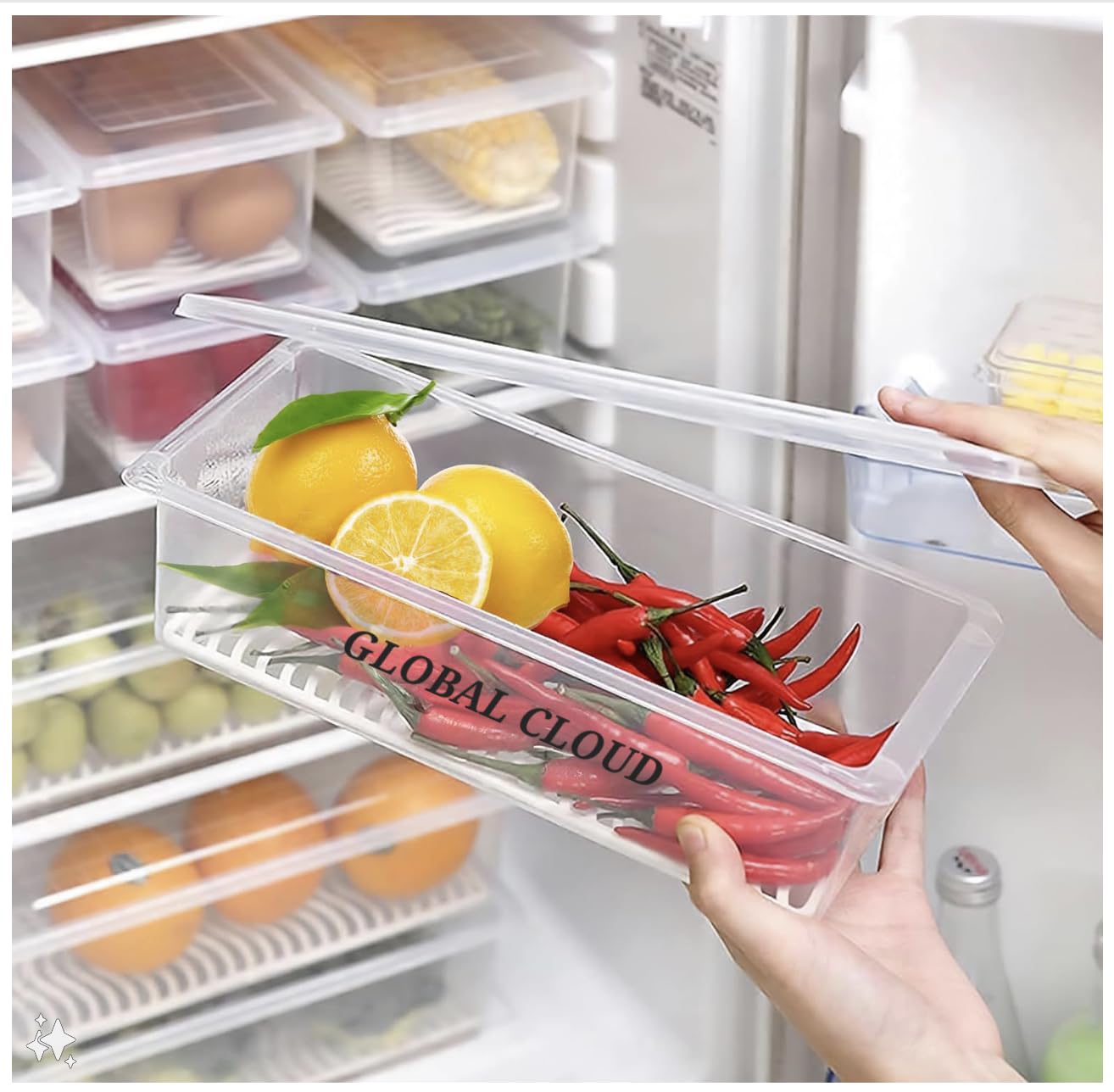 Global Cloud Fridge Storage Boxes (Pack of 6), Fridge Organizer with Removable Drain Plate Fridge Storage Containers Keeps Fruits, Vegetables, Meat, Fish Fresh Longer 1500 ML Container Box