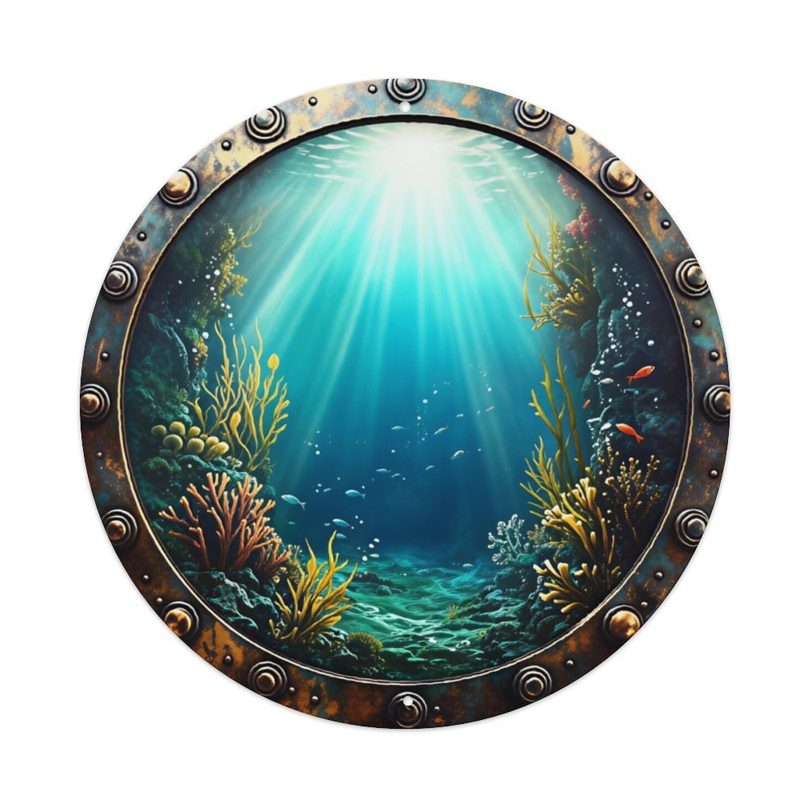 Ldfuieksufg Style Round Rust Rivet Porthole Tropical Underwater Fish Wall Sign Ocean Decor Vintage Aluminium Metal Sign, Retro Wall Decor For Home, Bar, Garage & Farmhouse 20X20cm