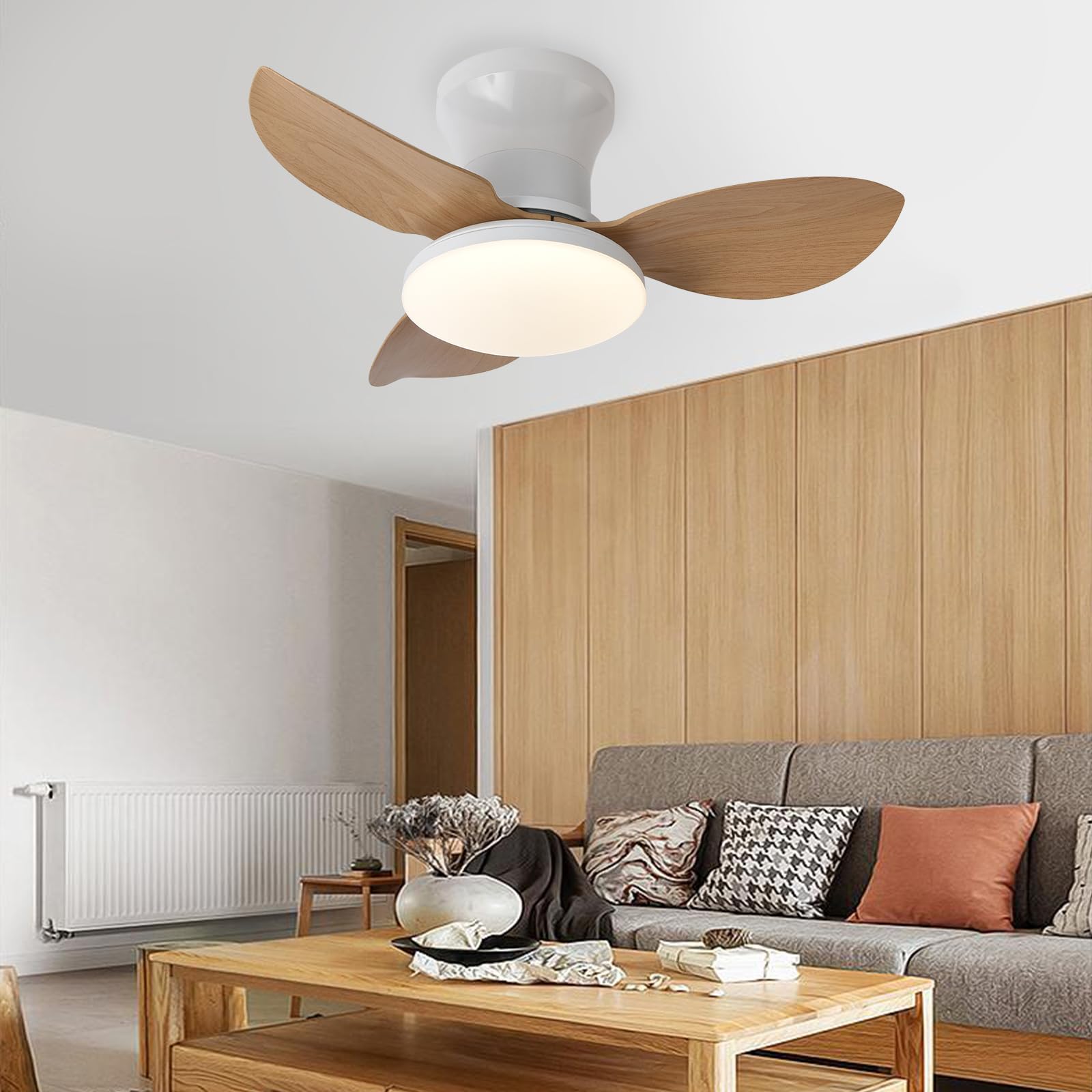 SXDMOUBK Dimmable LED Ceiling Fan with Silent Walnut Wood h Timer & Memory Funct Reversible B Ideal for Bedrooms & Living Rooms