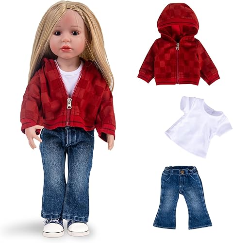 Conjunto de ropa de muñeca de 3 piezas Conjunto de ropa de muñeca Big Red Coat Blue Jeans & White T-shirt Baby Doll Ropa Traje (sin muñeca y