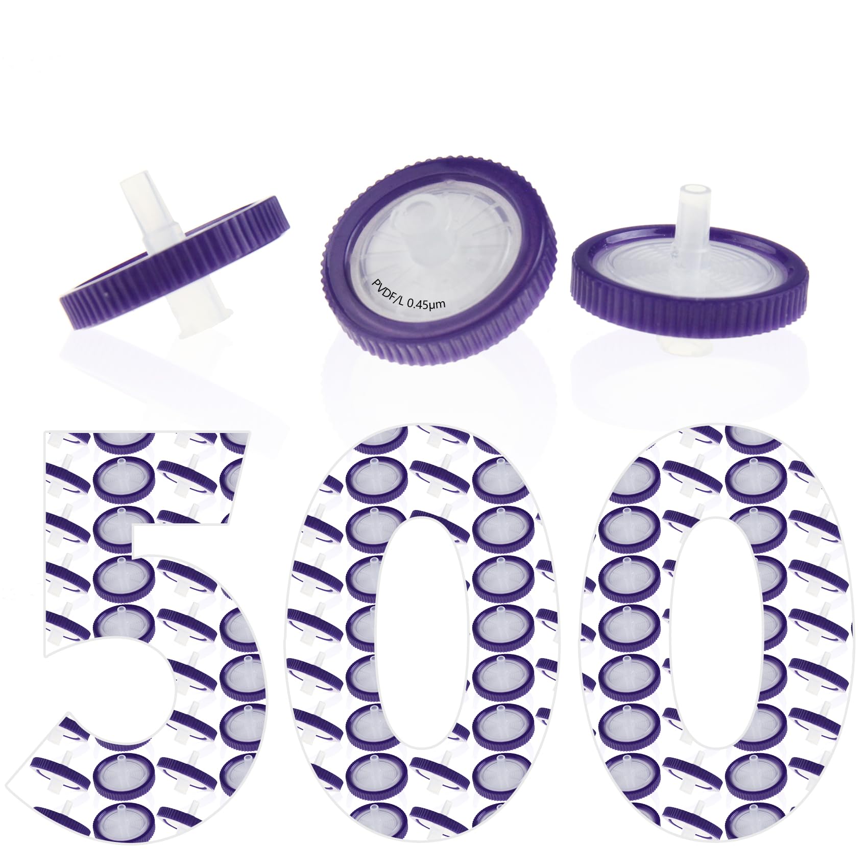 500 unidades/bolsa de PVDF Filtro de jeringa hidrofílico de 0,45 μm tamaño de poro, diámetro de membrana de 25 mm, filtro de boquilla de laboratorio, HPLC y GC