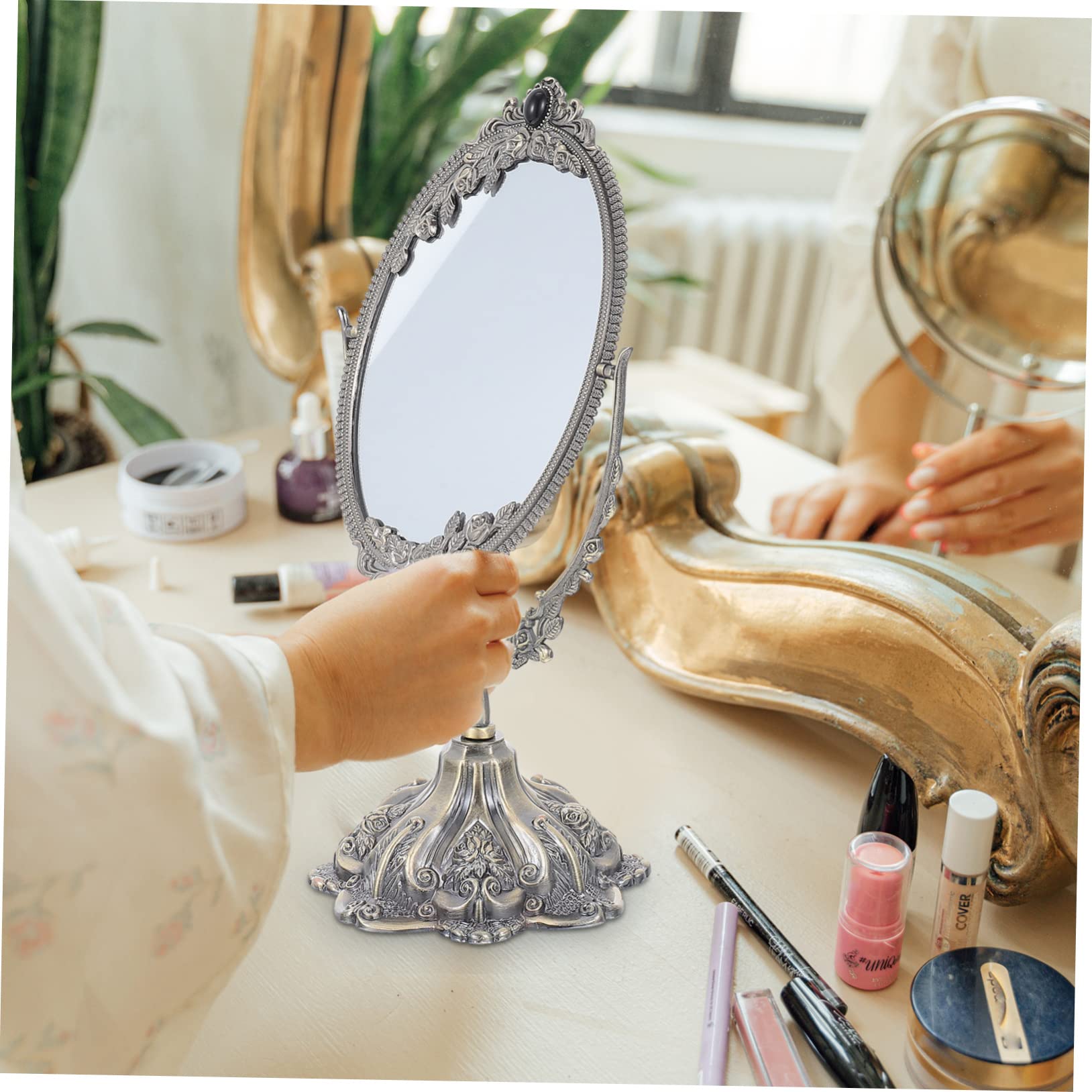 Doppelseitiger Vintage Schminkspiegel aus Zinklegierung für Frauen | Drehbar, Flacher Standfuß, Europäischer Stil, Hochauflösende Sicht, Geeignet für Make Up und Hochzeit