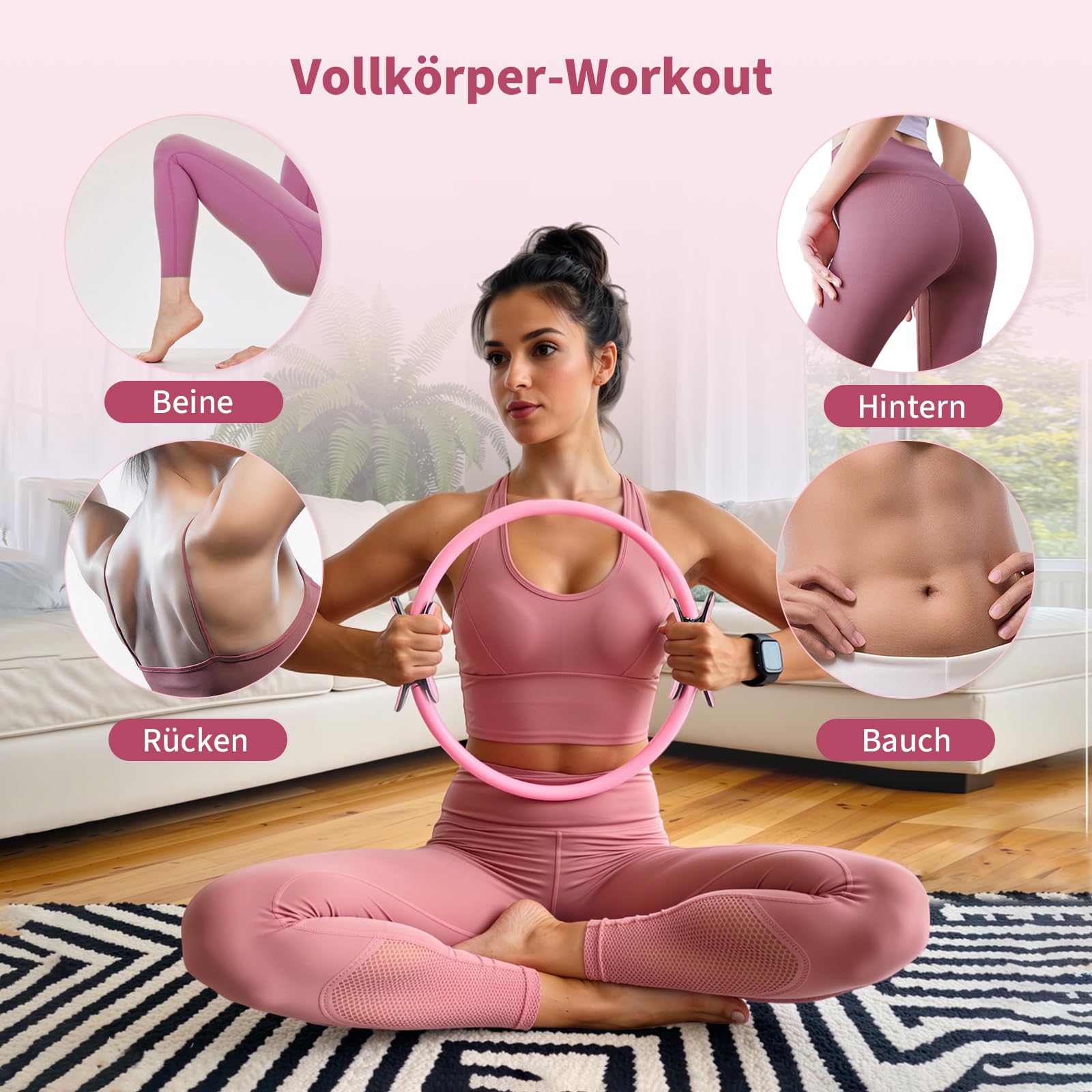 Pilates Ring Set, Home Workout Pilates Ausrüstung mit Pilates Ball, Widerstandsbänder und Zubehör, 14'' Magic Circle Hoop, Pilates Starter Kit für Frauen Anfänger zu Hause