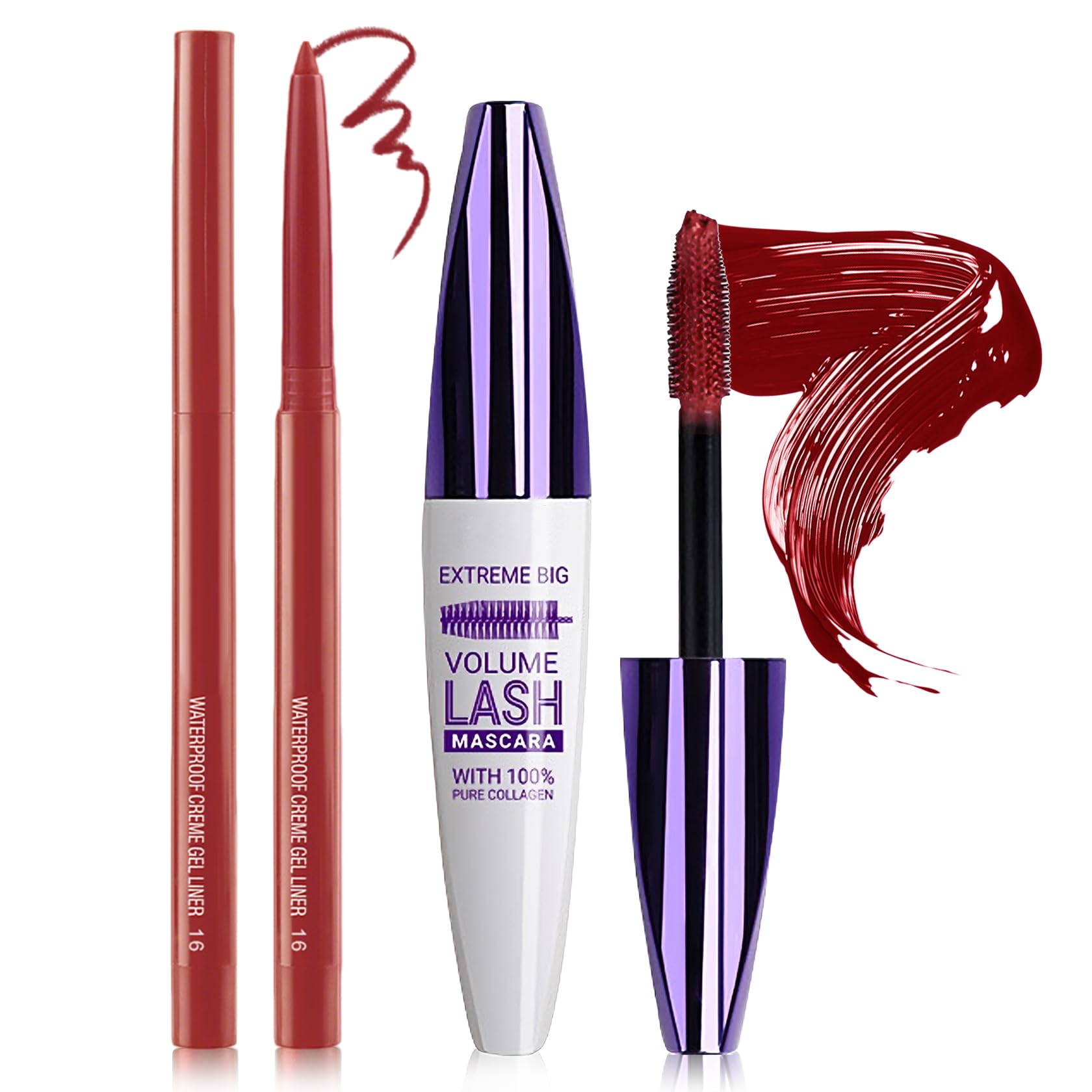 5D Burgundy Mascara and Eyeliner Set, Waterproof Volume and Length | Colored Mascara Smudge-Proof, No Clumps or Flaking, Natural Lengthening Volumizing Curling Mascara for Women