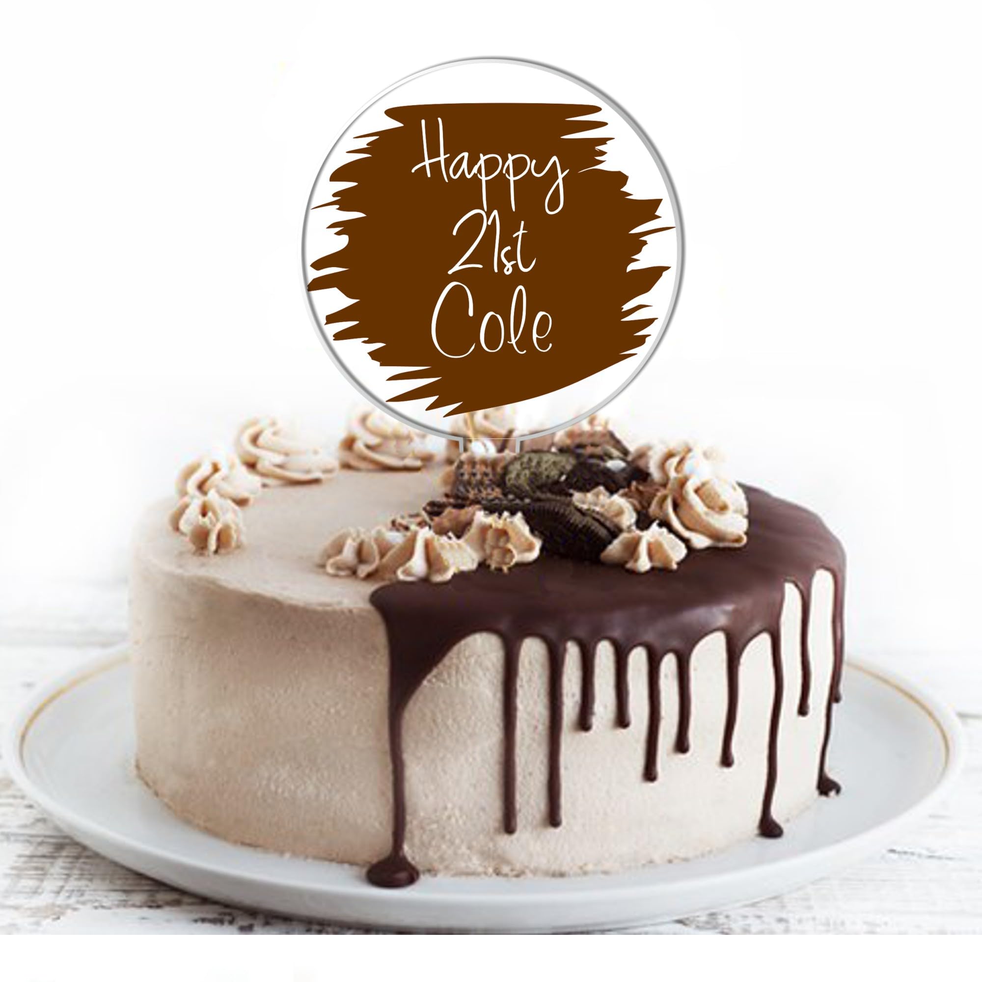 Personalised Happy Birthday Acrylic Cake Topper for All Celebrations - Custom Name and Age with 10 Vibrant Colours (Brown)