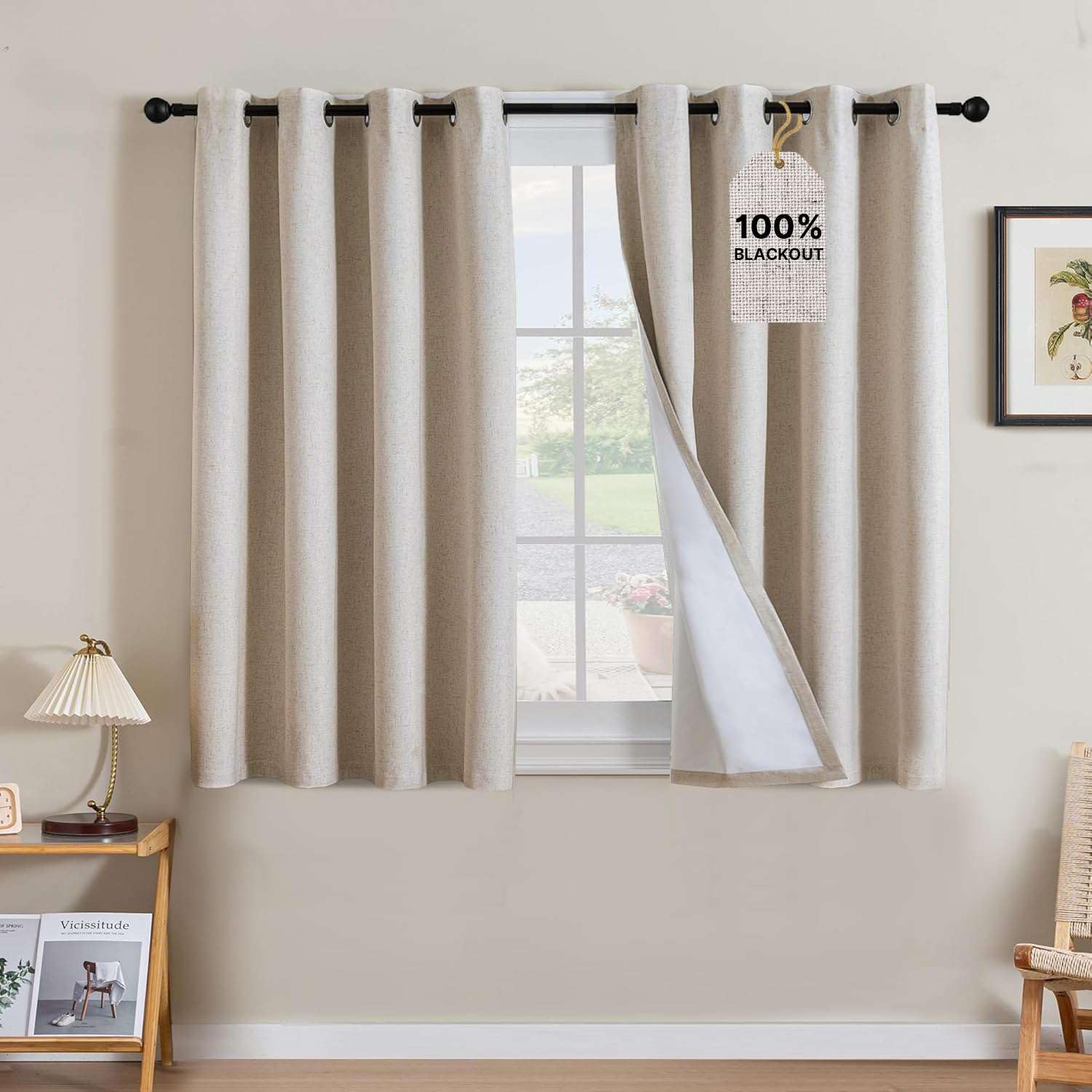H.VERSAILTEX Linen Curtains 100% Blackout Curtains for Bedroom 45 inch Long Full Light Blocking Nature Linen Blended Window Curtains for Living Room Nickel Grommet (2 Panels, Heathered Natural)
