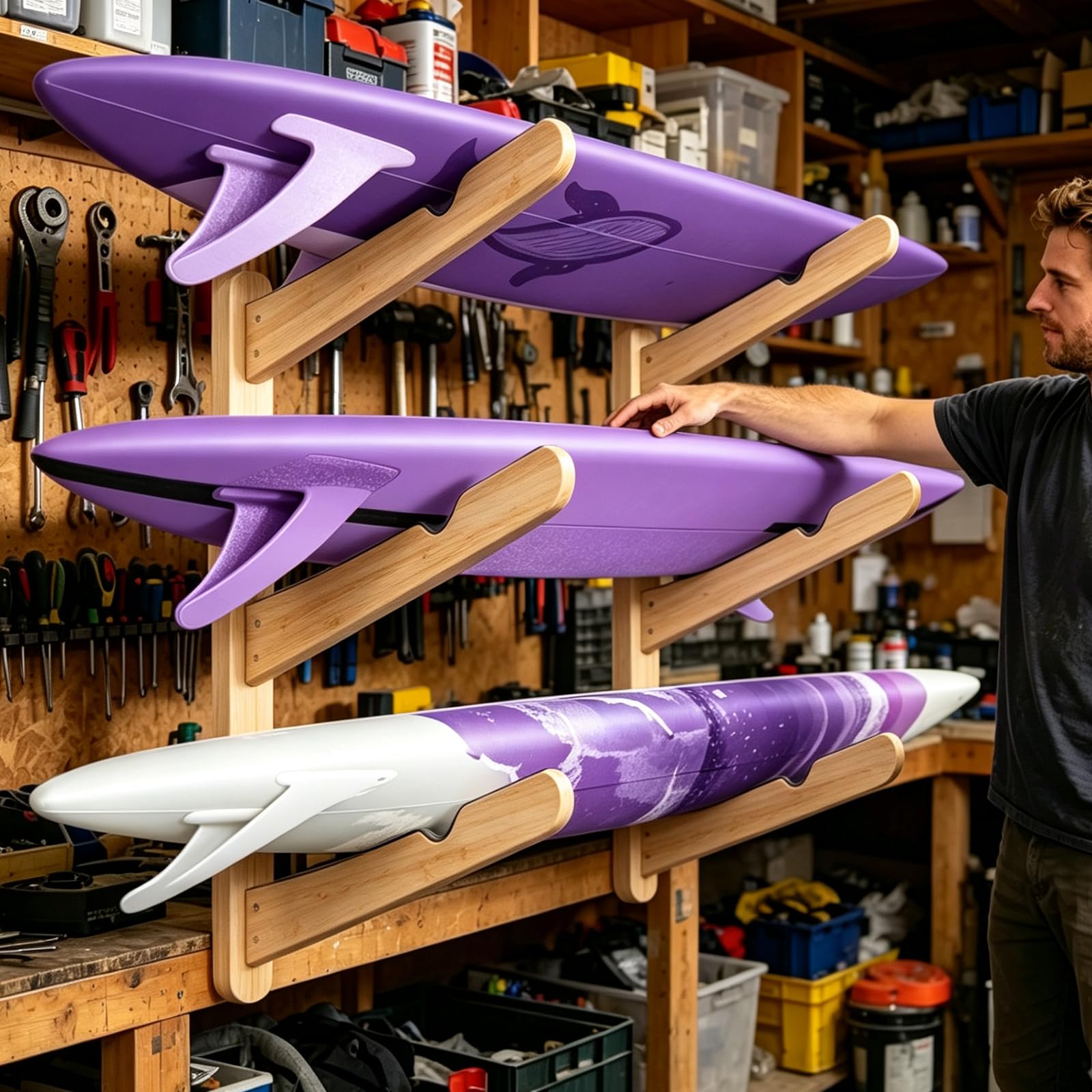 1 Support Mural pour Planche de Surf Support de Suspension pour Planche de Surf en Bambou à 3 Niveau Support Mural pour Shortboard Skimboard et Longboard Idéal 60x4x1.85cm