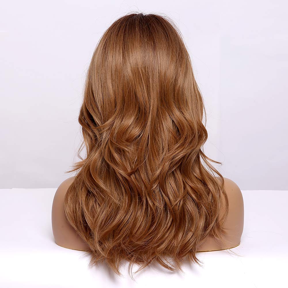 HAIRCUBE Ombre Orange Wigs Shoulder Length Curly Honey Brown Wigs for Women Long Wave Auburn Wigs with Bangs