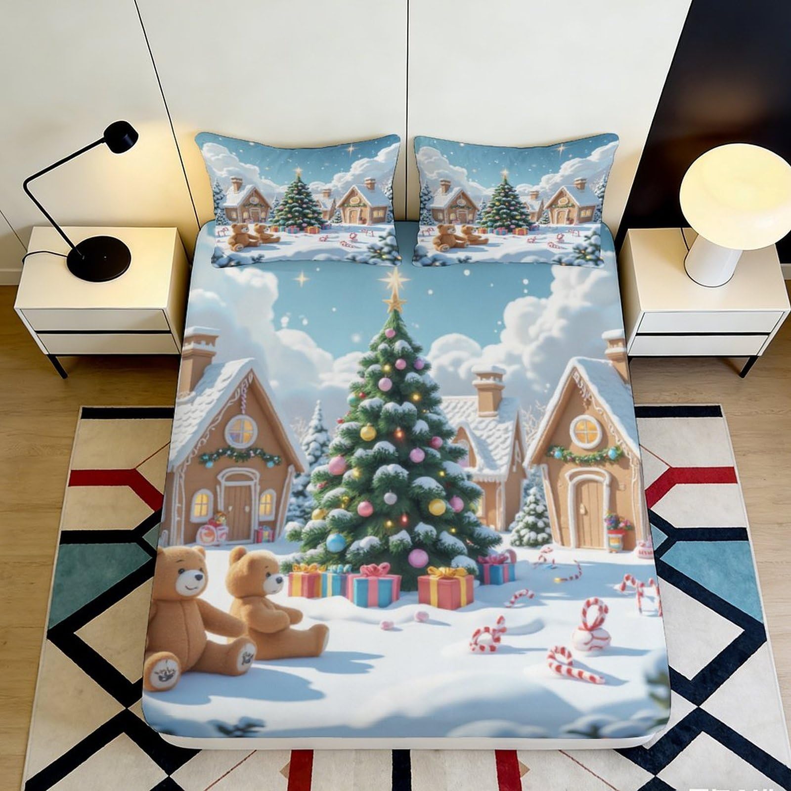 3D Printed Christmas Village Fitted Sheet Microfiber Soft Snowy Bear Bed Cover for Bedroom Guest Room Decor 90x200x25cm