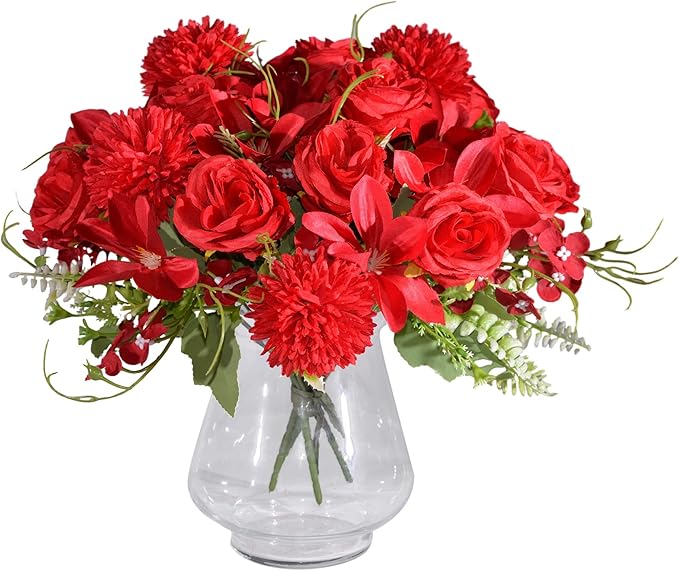 Fake Flowers,12in 4pcs Artificial Red Flower Bouquet of Silk Roses, Hydrangea and