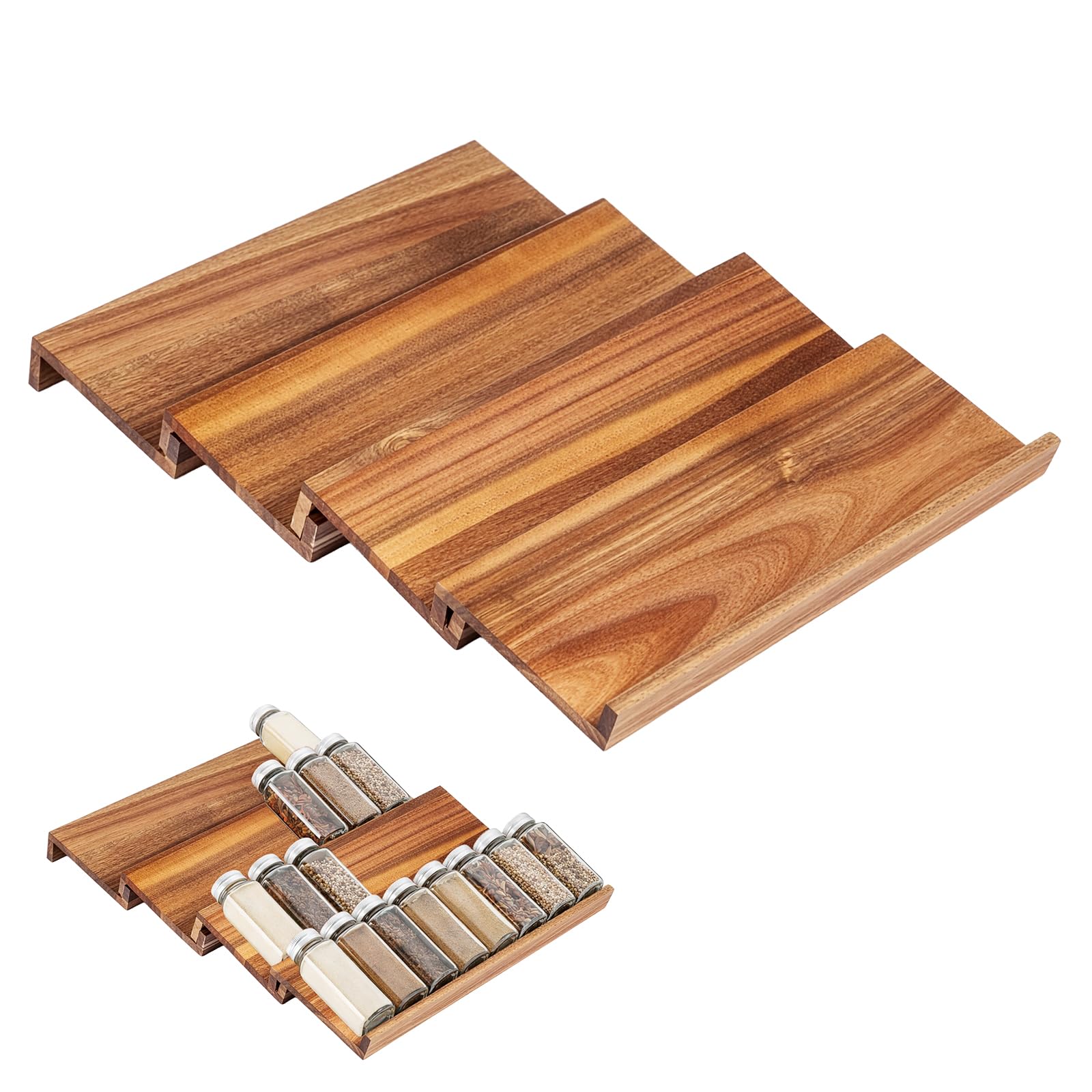Evergoods Brown Acacia Wood Spice Drawer Organizer For Cabinet – 13” Wooden Spice Rack Insert, Non-Expandable Seasoning Organizer For Kitchen Drawer, Holds Up To 32 Spice Jars, Set Of 4 (Walnut)
