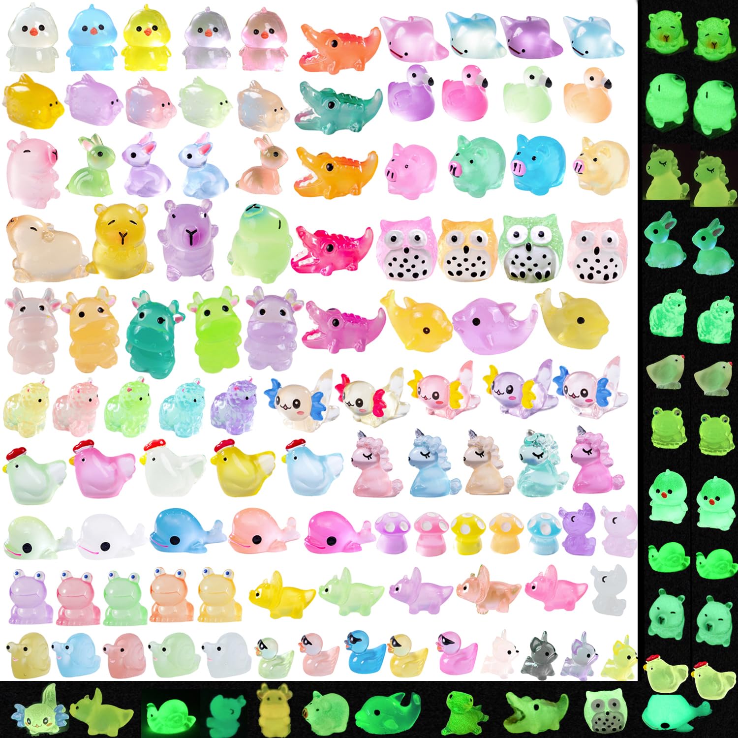 U-Zimikee 150 figuras luminosas de animales de resina en miniatura, pequeños animales que brillan en la oscuridad, figuras de animales pequeños para ocultar mini animales, adornos de micropaisaje,