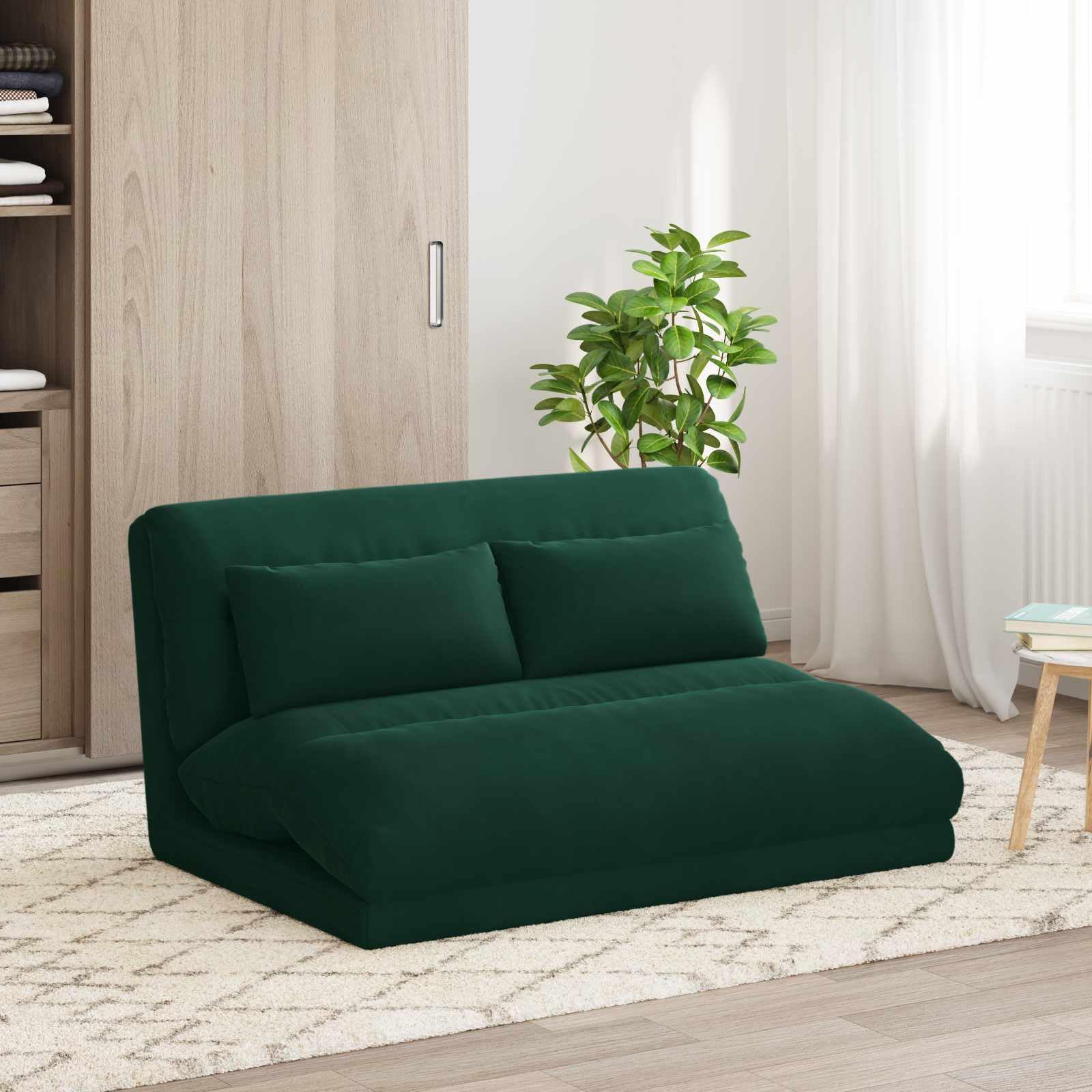 Krzesło podłogowe, ciemnozielone, aksamitne, z regulowanym oparciem, 110 x 82 x 55 cm, składane, wyściełane, ergonomiczne, do salonu, biura, jogi, medytacji, czytania