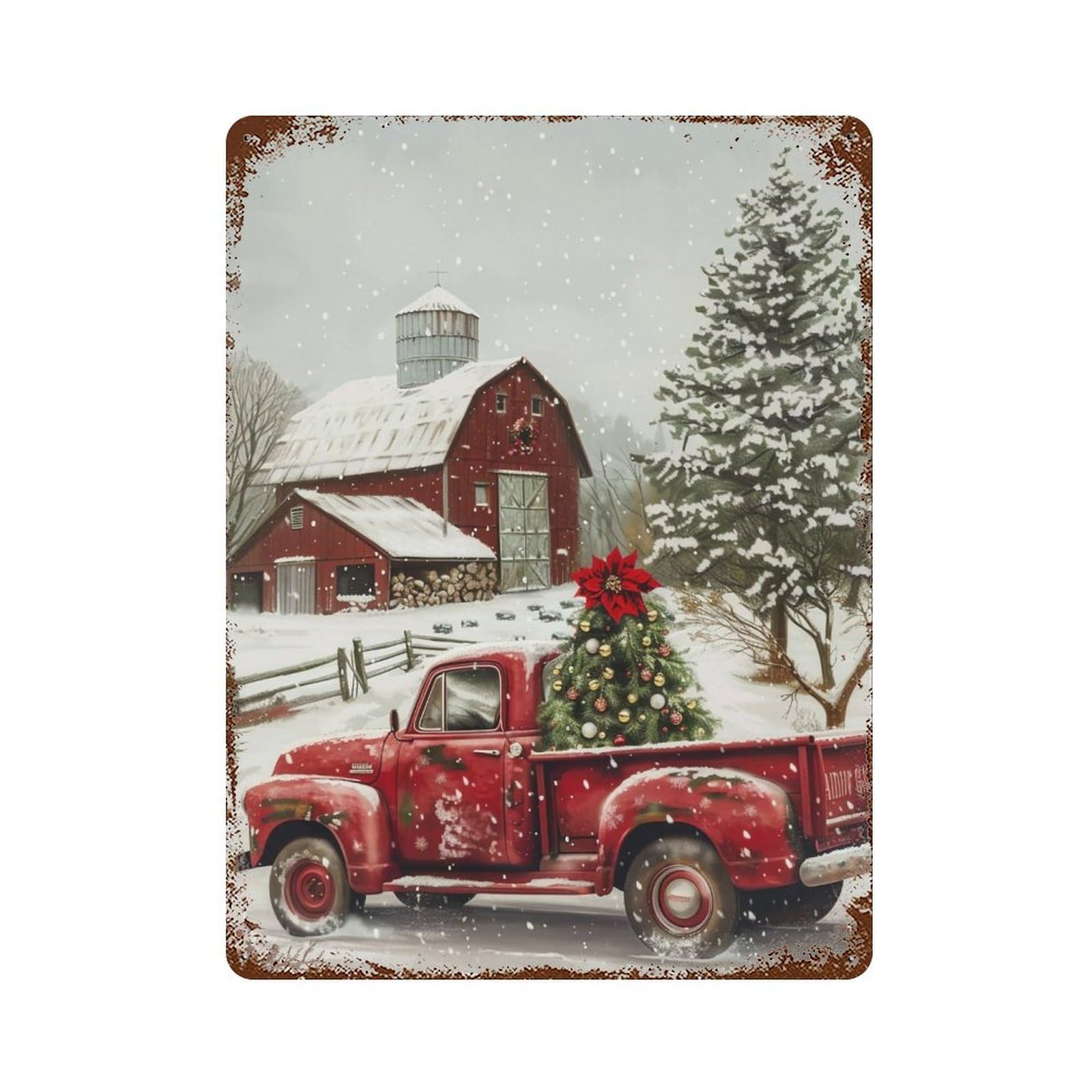 HDURYEYRYY Red Pickup Christmas Farm 04 Wall Retro Iron Vintage Art Metal Tin Sign Poster Modern Home Cofffee Club Art Bar Shop Decor Style 40x30cm