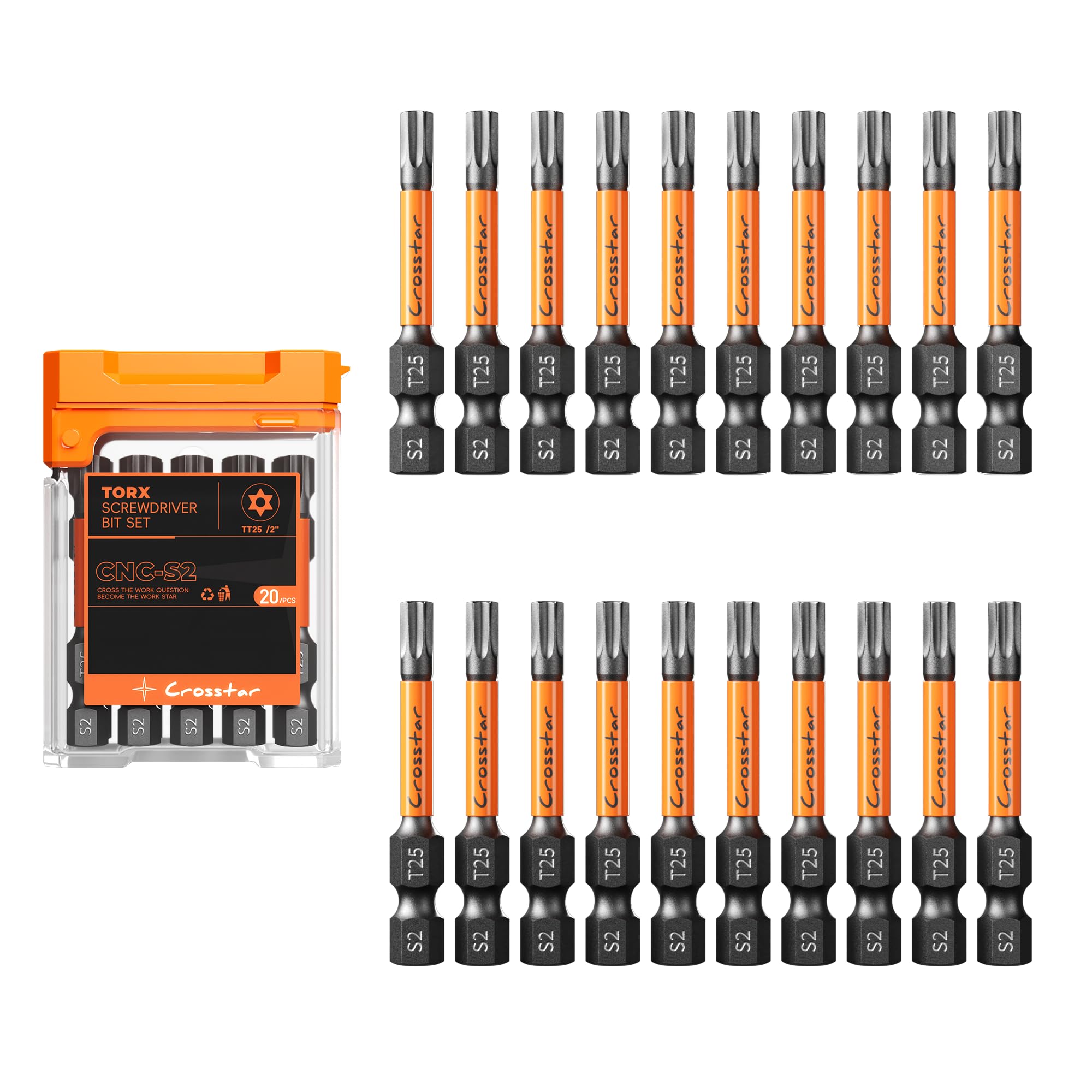 Crosstar 20 Pcs TT25 Impact Torx Bit Set, S2 Steel Magnetic Security Star Bits, Tamper Proof Torx Screwdriver Bits with CNC Tips for Drill/Driver, Automotive, Woodworking &amp; Home Repair