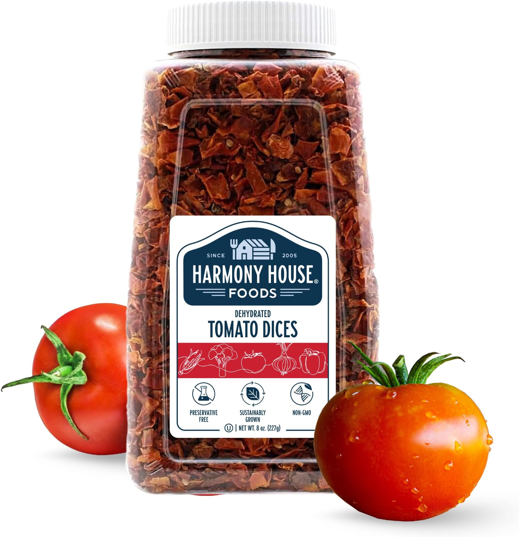 Harmony House Foods Dried Tomato Dices (8 oz, Quart Size Jar) for Cooking, Camping, Emergency Supply, and More