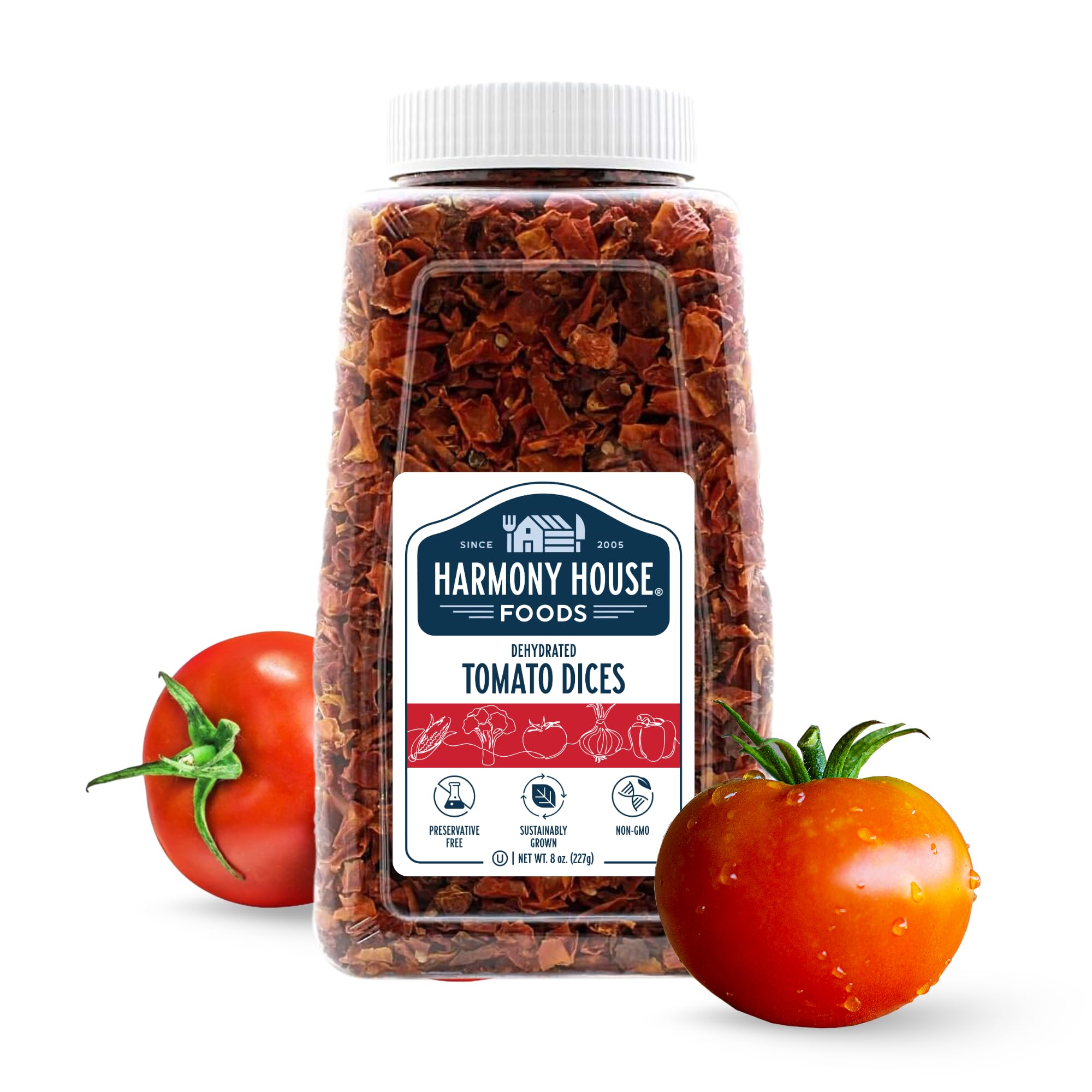 Harmony House Foods Dried Tomato Dices (8 oz, Quart Size Jar) for Cooking, Camping, Emergency Supply, and More