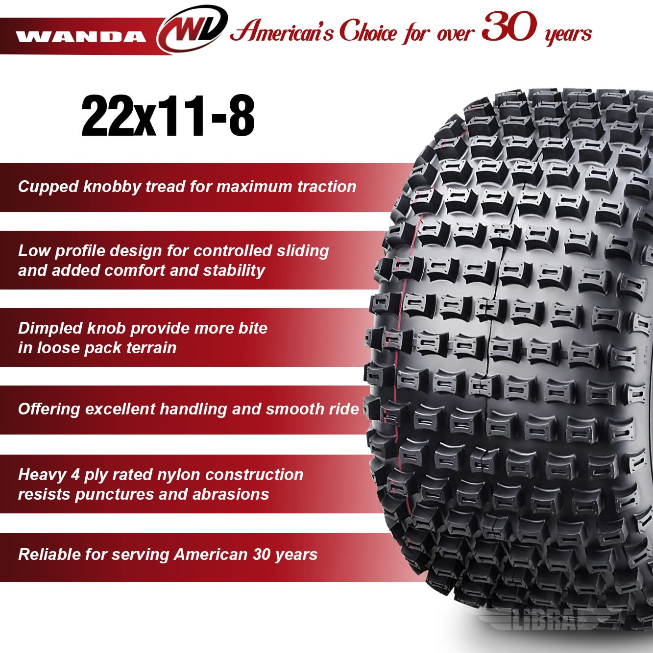 22x11-8 ATV Tire - WANDA 4PR Bias Ply Mud/Sand Tire With Deep Tread, Single New Tire
