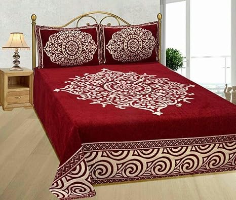 FRESH FROM LOOM Chenille Velvet Floral 500 TC Heavy Bedsheet for Double Bed King Size - 90 x 100 inch Maroon Color with 2 Pillow Covers