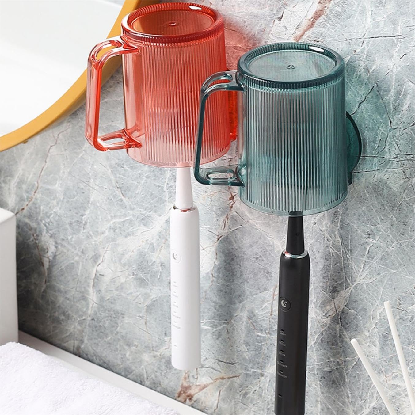 2 set di portaspazzolini senza punzonatura, set da appendere alla parete, portabicchieri per uso domestico (verde + arancione rosso)