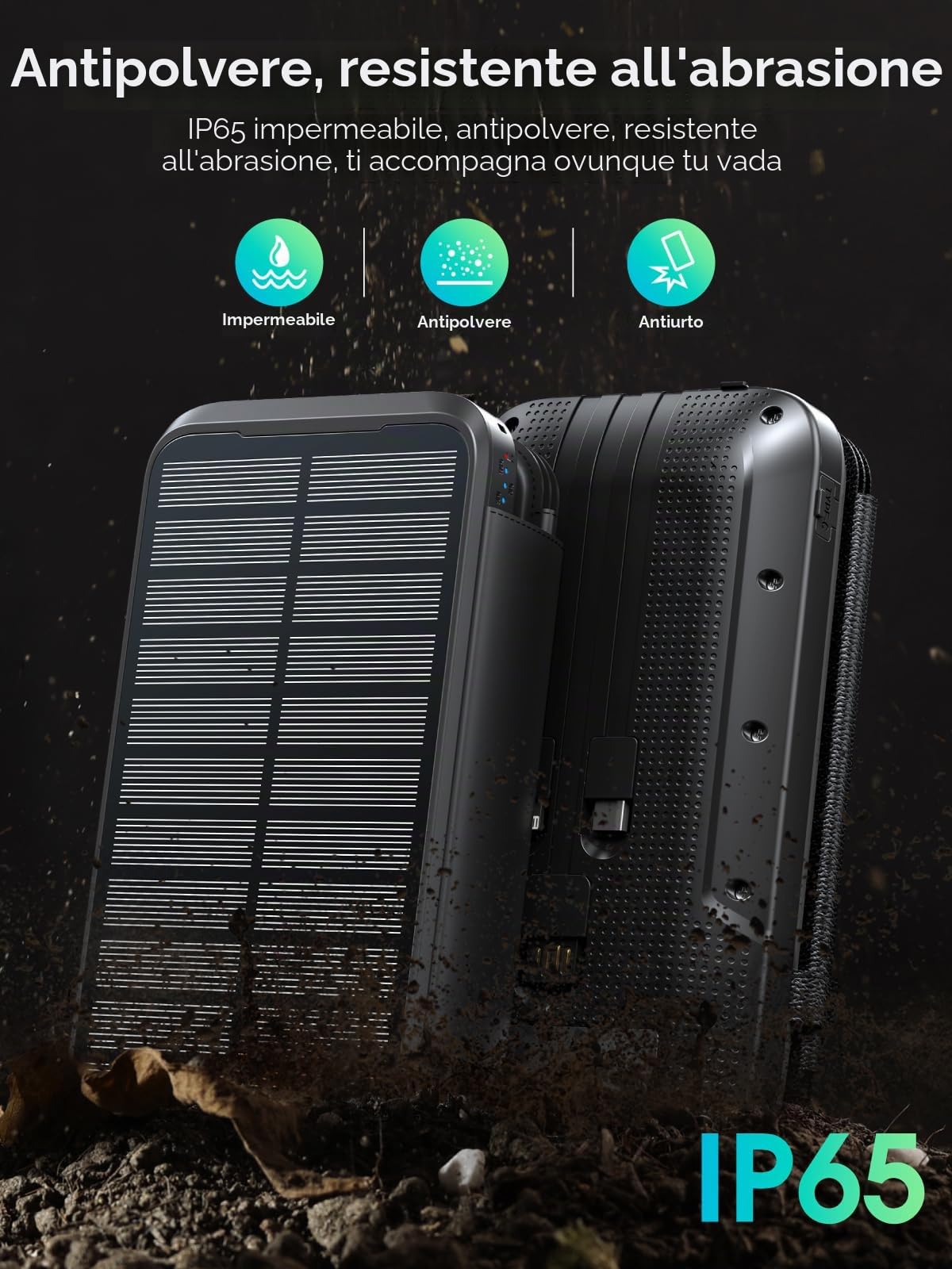 Powerbank solare 20000 mAh, caricatore solare con 3 cavi QC4.0 22,5 W, USB C 20 W, funzione di ricarica rapida, con 4 pannelli solari e 3 torce a LED per smartphone, tablet, campeggio(Nero)
