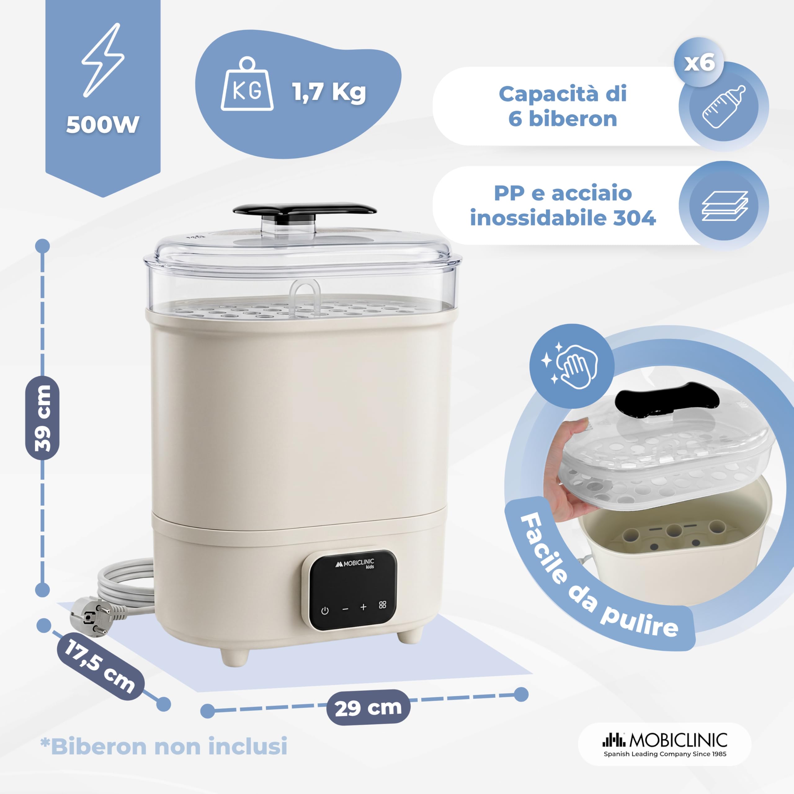 Mobiclinic®, Sterilizzatore Biberon, 4 in 1, Fino a 6 Bottiglie, Asciuga, Mantiene la Temperatura, Modalità Automatica, Ciucci e Tiralatte, Schermo LCD, Compatto, Mobibi