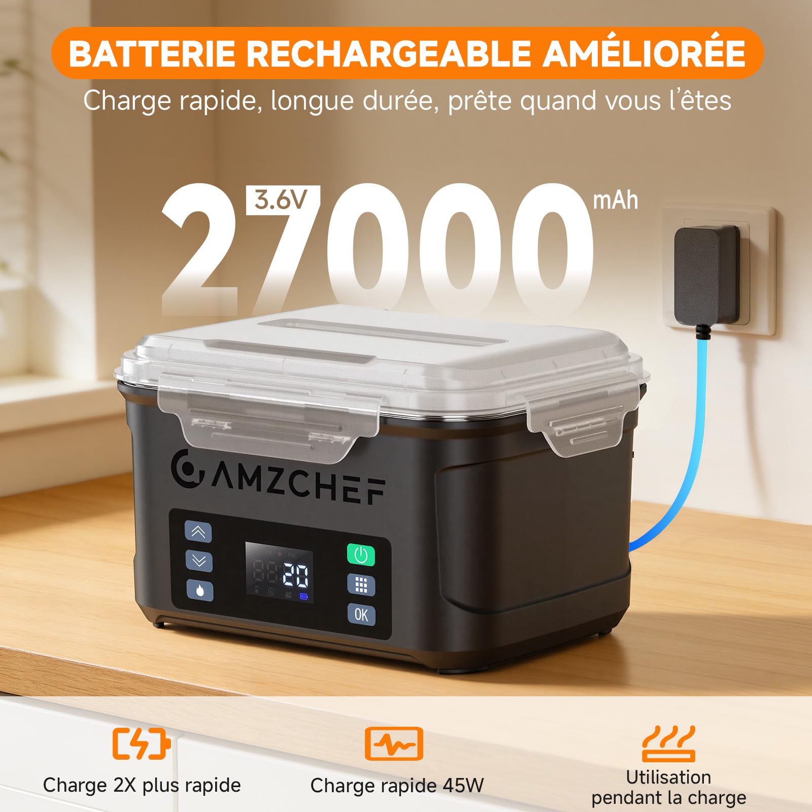 AMZCHEF Gamelle chauffante 1,5 L - lunch box chauffante Électrique 27000mAh, chauffage sur 5 faces, fonction de réchauffage instantané, avec horloge et mémoire, recharge rapide en 3,5 heures(noir)
