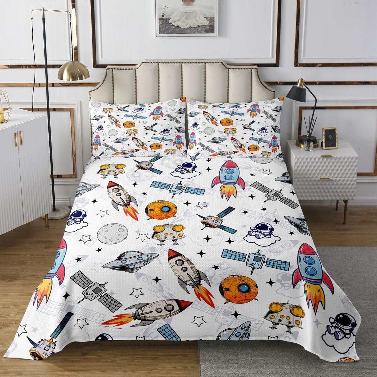 Homewish Boys Spaceship Quilt Sets Twin Size,Cute Astronaut Bedspread Coverlet 2Pcs for Kids Girls Boys Room Decor,UFO Rocket Quilts Set Starry Galaxy Bedding Comforter,1 Pillowcase
