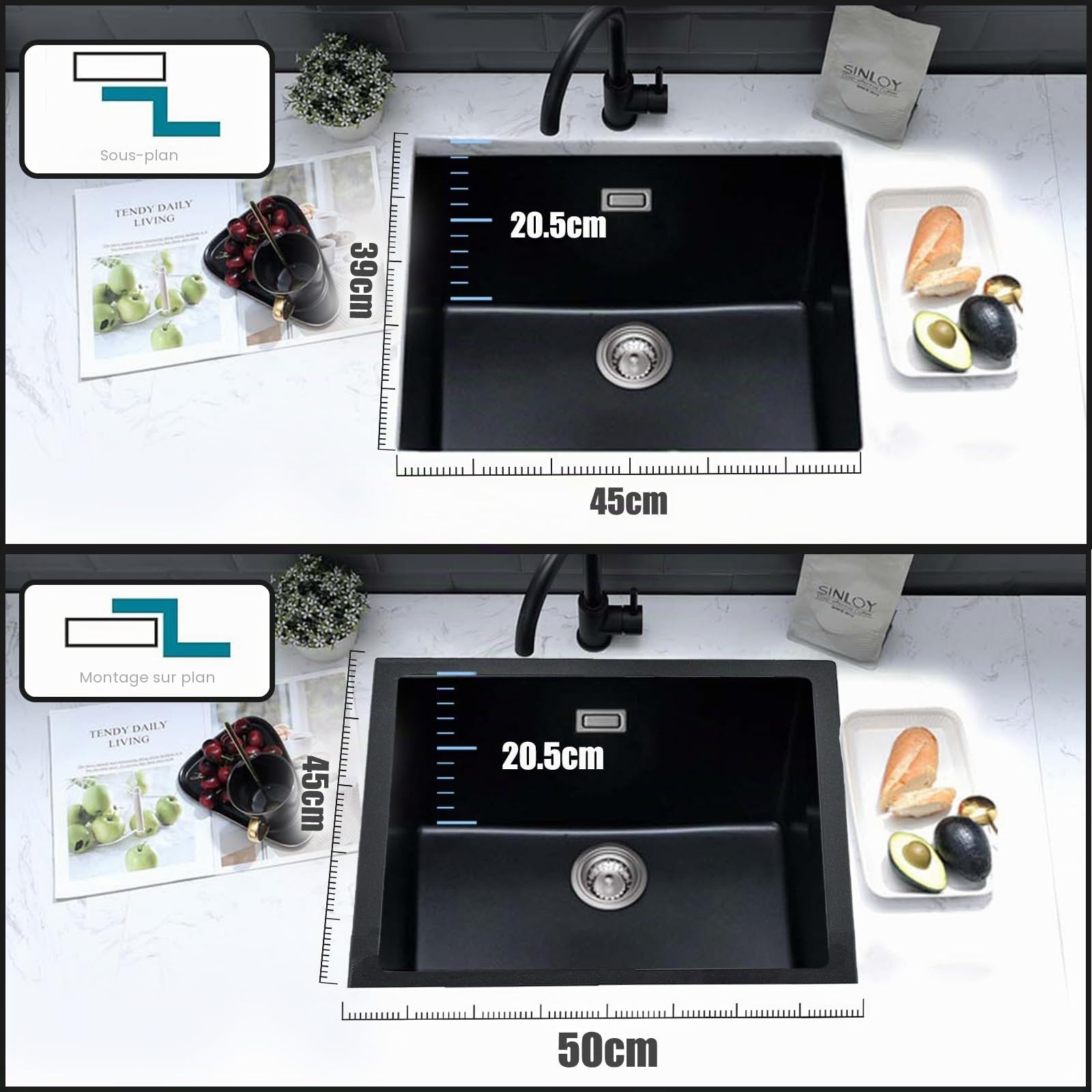 Évier Cuisine en Quartz Noir, 50 X 45 cm Évier de Cuisine 1 Bac | Évier Encastrable Compatible Montage sur Plan et Sous Plan, Accessoires Inclus, Adapté pour le Camping et Camping-Car