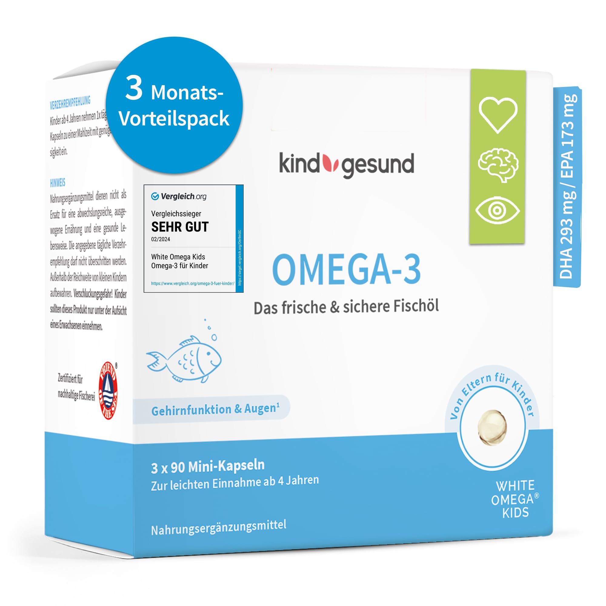 Omega 3 para niños – 270 unidades sin azúcar – El ganador de calidad – Aceite de pescado insípido (518 mg) – sin aditivos
