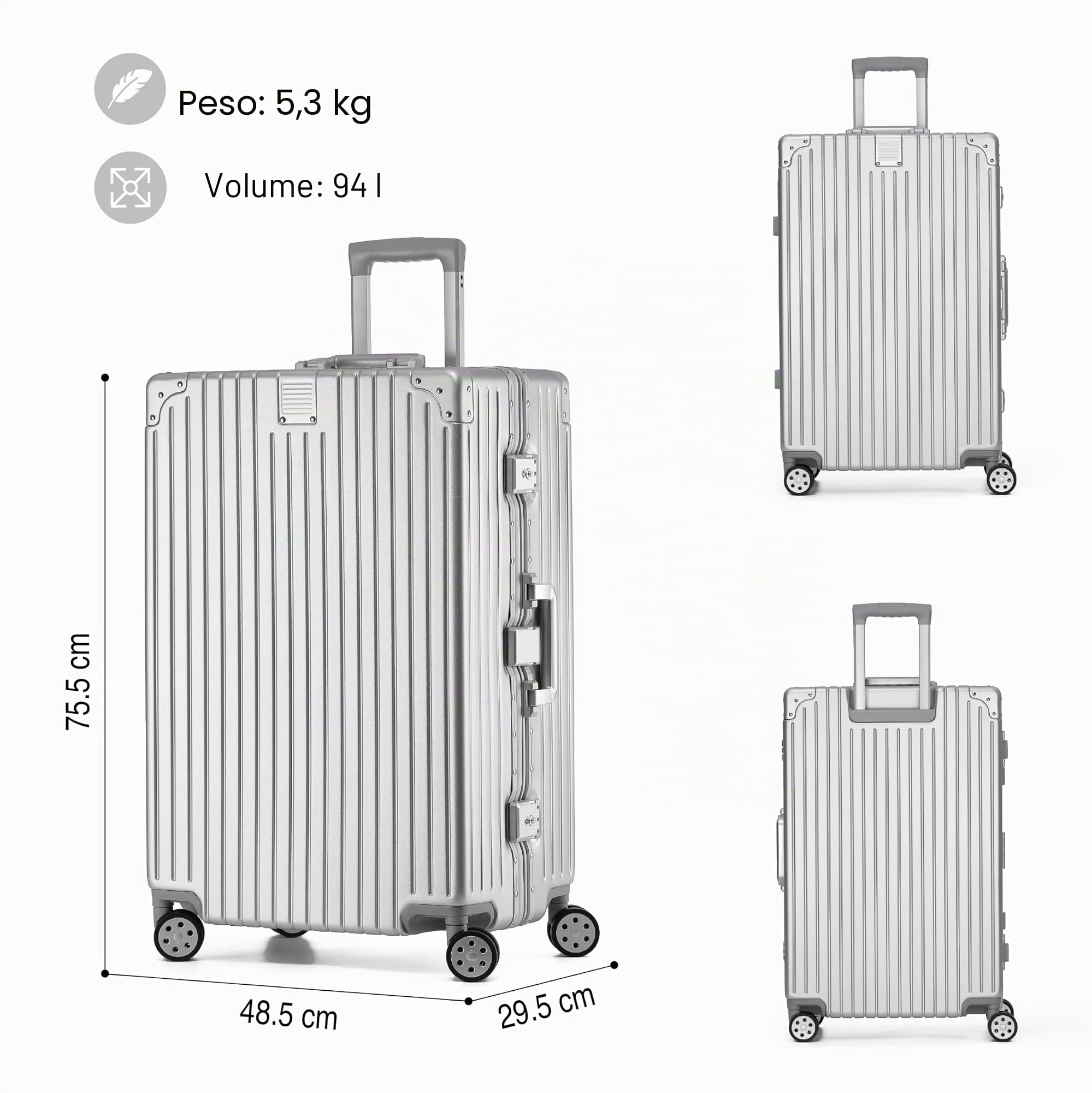 KOFA Zurich - Set di 2 valigie da viaggio con telaio in alluminio e guscio rigido in policarbonato, valigia da viaggio con 4 ruote e doppia serratura TSA, 35 l + 94 l, argento, XL 75.5x48.5x29.5 cm