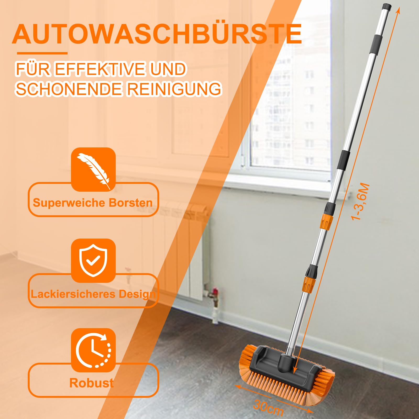 SISUPASSIE 3,6m Teleskop Waschbürste, Autowaschbürste mit Stiel, 30cm Weichen Borsten, Autowaschbürste mit Wasseranschluss für Caravan, Auto, LKW, Bus, Van, Wohnmobil