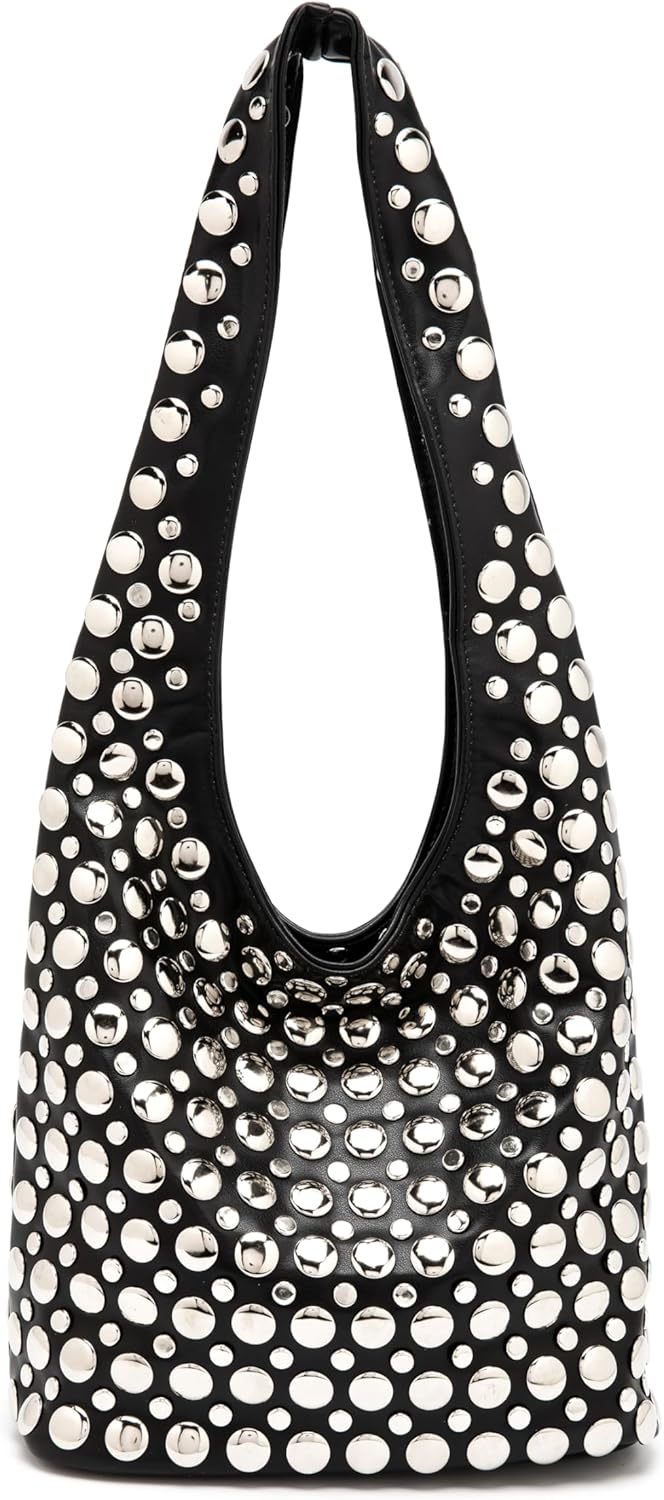 Stylish Studded Hobo Bag Y2K Rivets Bucket Purse for Women Trendy Small Shoulder Tote Handbag