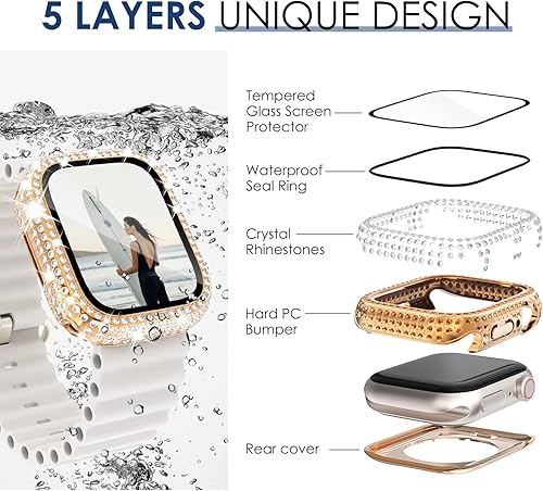Miniatura 3 de NewWays Paquete de 2 fundas impermeables 2 en 1 para Apple Watch Series 8 y Series 7 de 1.772 in, protector de pantalla con diamantes de imitación