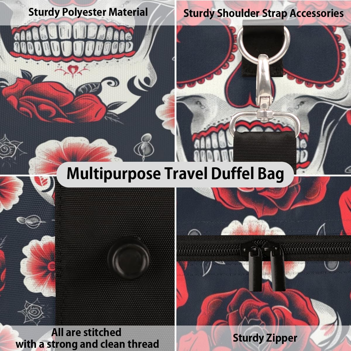 Sugar Skull Flower Travel Duffel Bag for Women Men Large Capacity Overnight Weekender Bags for Lightweight Waterproof Sport Gym Bag for Workout Yoga Swim