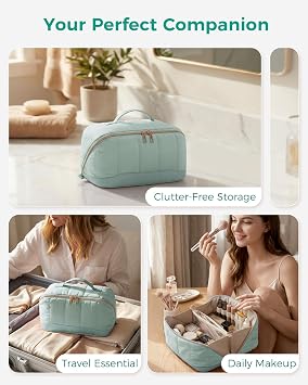Travel Makeup Bag Large Quilted Cosmetic Organizer with Brush Compartments & Handle, Wide-Open Toiletry Bag for Women, Green