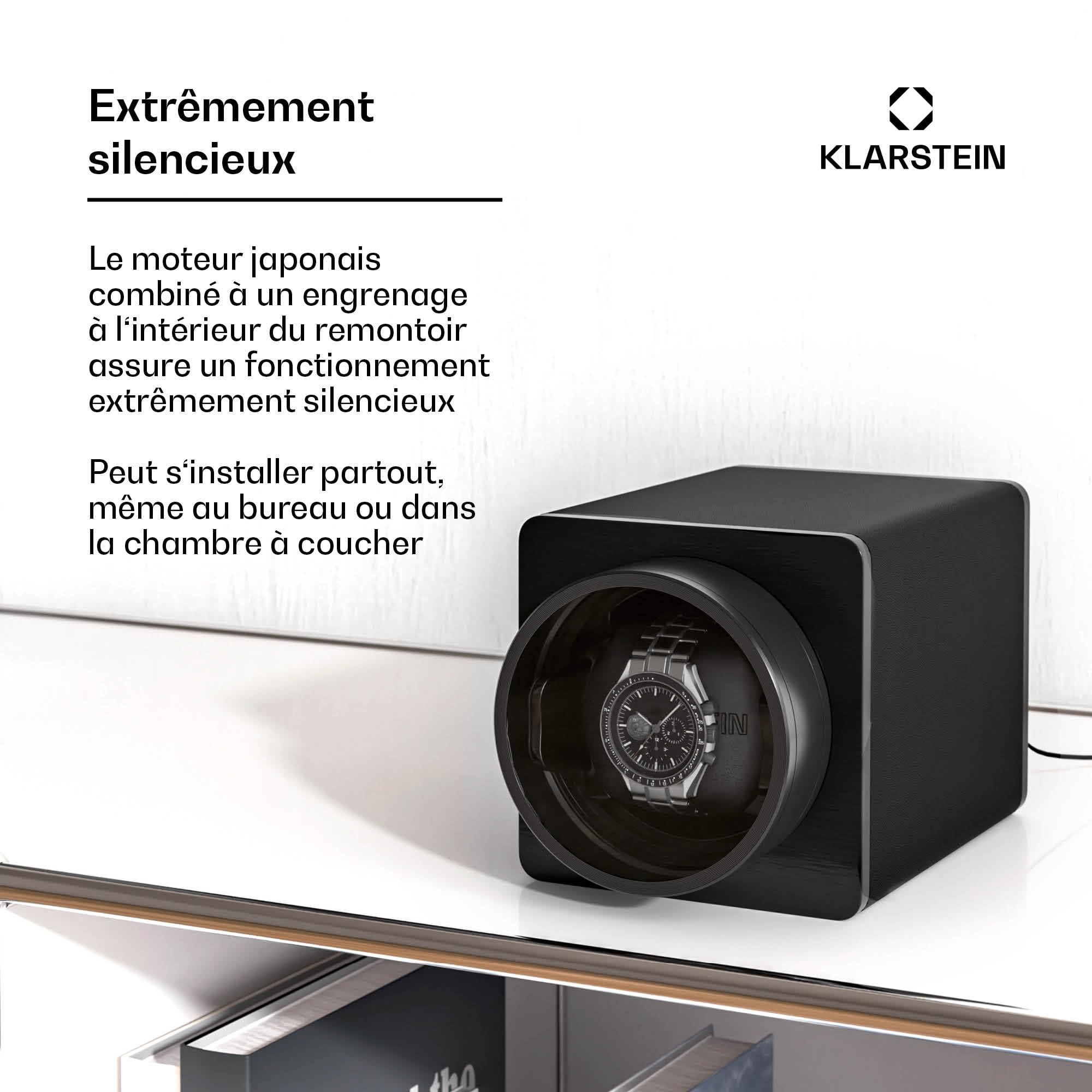 KLARSTEIN TimeSync Remontoir de Montre Automatique - Cuir végétalien & Verre trempé, Moteur Silencieux Mabuchi, 5 TPD, Alimentation Secteur/Piles, Noir - boîte Remontoir pour Montre