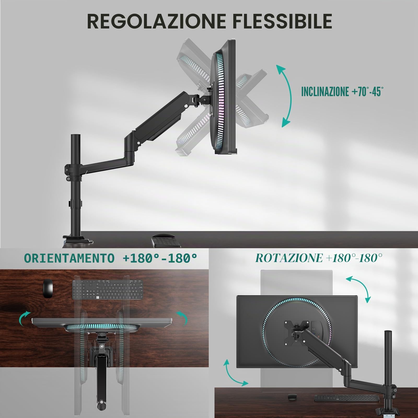 WALI Braccio singolo per monitor da 13 a 32 pollici, supporto regolabile per monitor con molla a gas, supporto per monitor del computer con rotazione inclinabile, morsetto a C e base con occhiello,