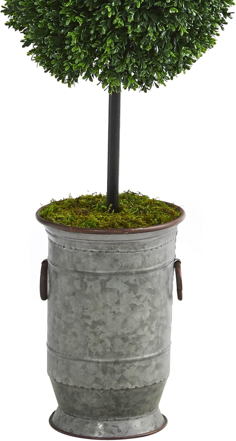 Nearly Natural 50in. Boxwood Double Ball Artificial Topiary Tree in Vintage Metal Planter UV Resistant (Indoor/Outdoor)