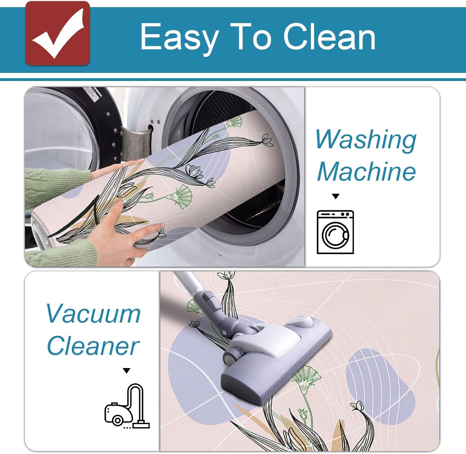 Mid Century 2 Pieces Kitchen Mats Floor Area Rug Set Aesthetic Lines Tropical Leaf Bouquet Non-Slip Doormat, Indoor Water Absorbent Standing Runner Rugs for Home Decor Pink