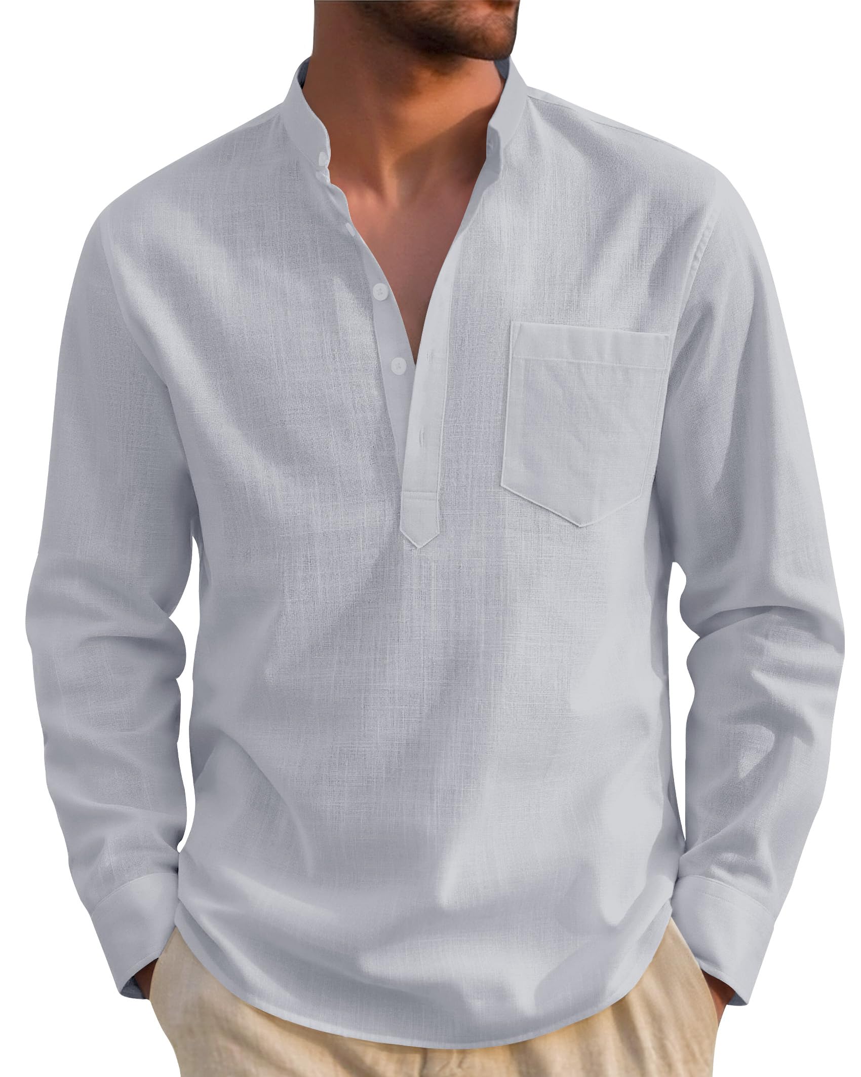 J.VER Hemd Herren Baumwolle leinenhemd Henley Shirt Langarm in Regular Fit Atmungsaktives Freizeithemd mit Tasche für Sommer und Urlaub