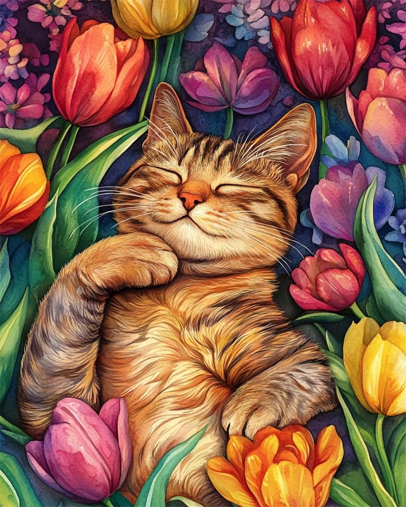 Henypt Stamped Cross Stitch Kits - Cat and Tulips Colorful Printed Easy Pattern Needlepoint Kits Embroidery Crafts for Adults Beginners Gift